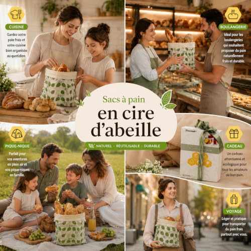 Thumbnail 6 de Fruzmzk Sacs à Pain Réutilisables en Cire d'Abeille 43 × 33 cm – Lot de 2