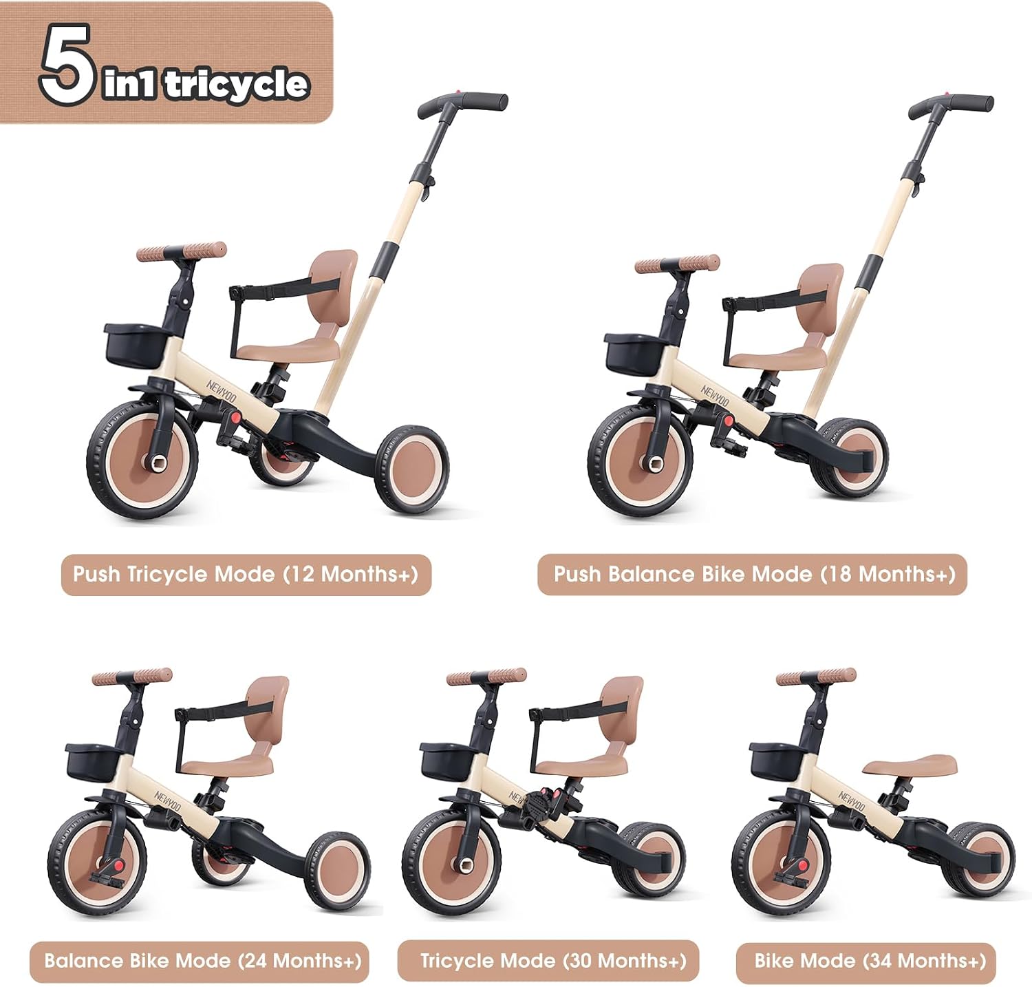 Thumbnail 2 de newyoo Toddler Tricycle with Push Handle (TR007) – 5-in-1 1–3 Year Olds, Khaki