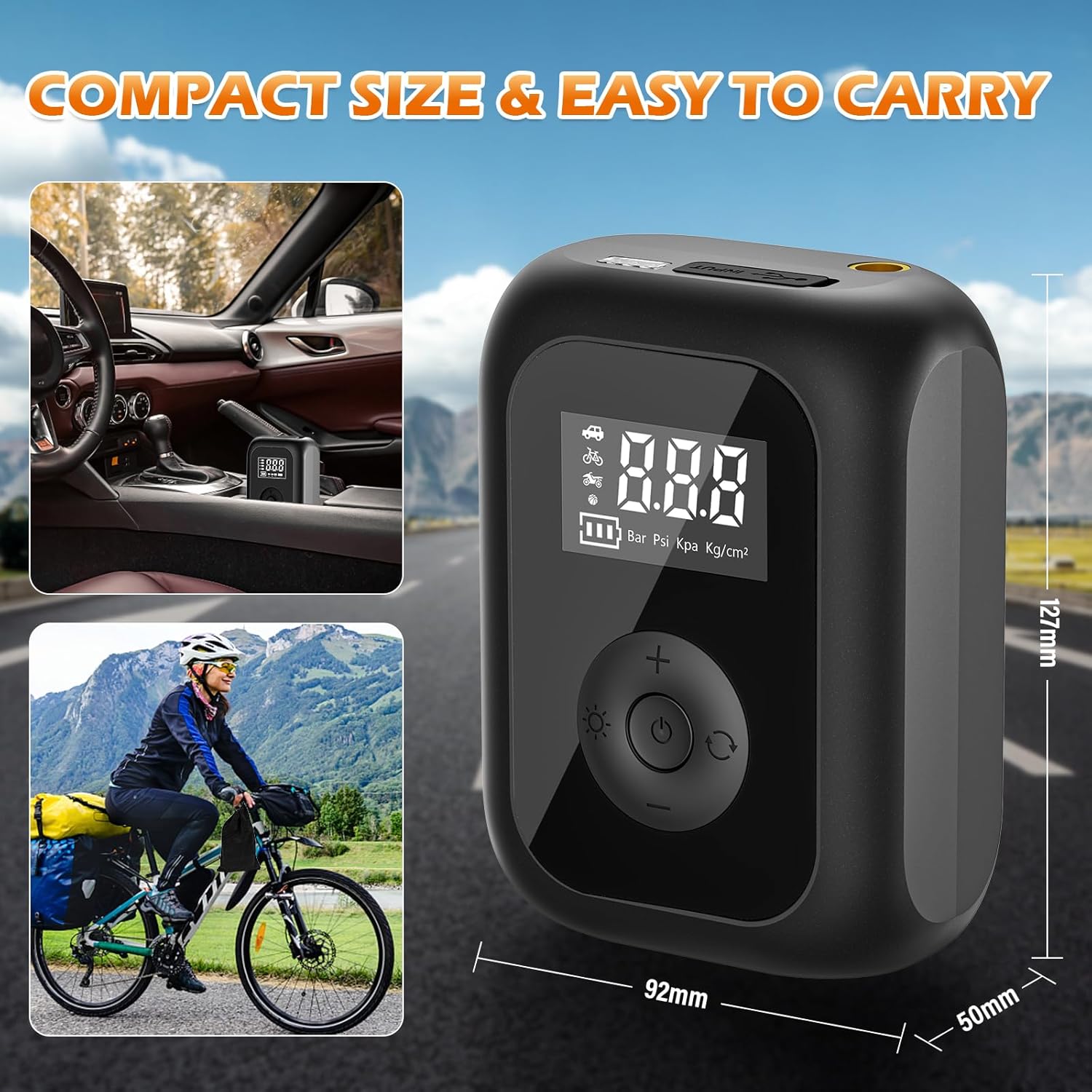 Thumbnail 5 de Elektrische Luftpumpe 6000 mAh – Akku Mini Kompressor für Fahrrad, Motorrad, Auto & Bälle (bis 10,3 bar / 150 PSI)