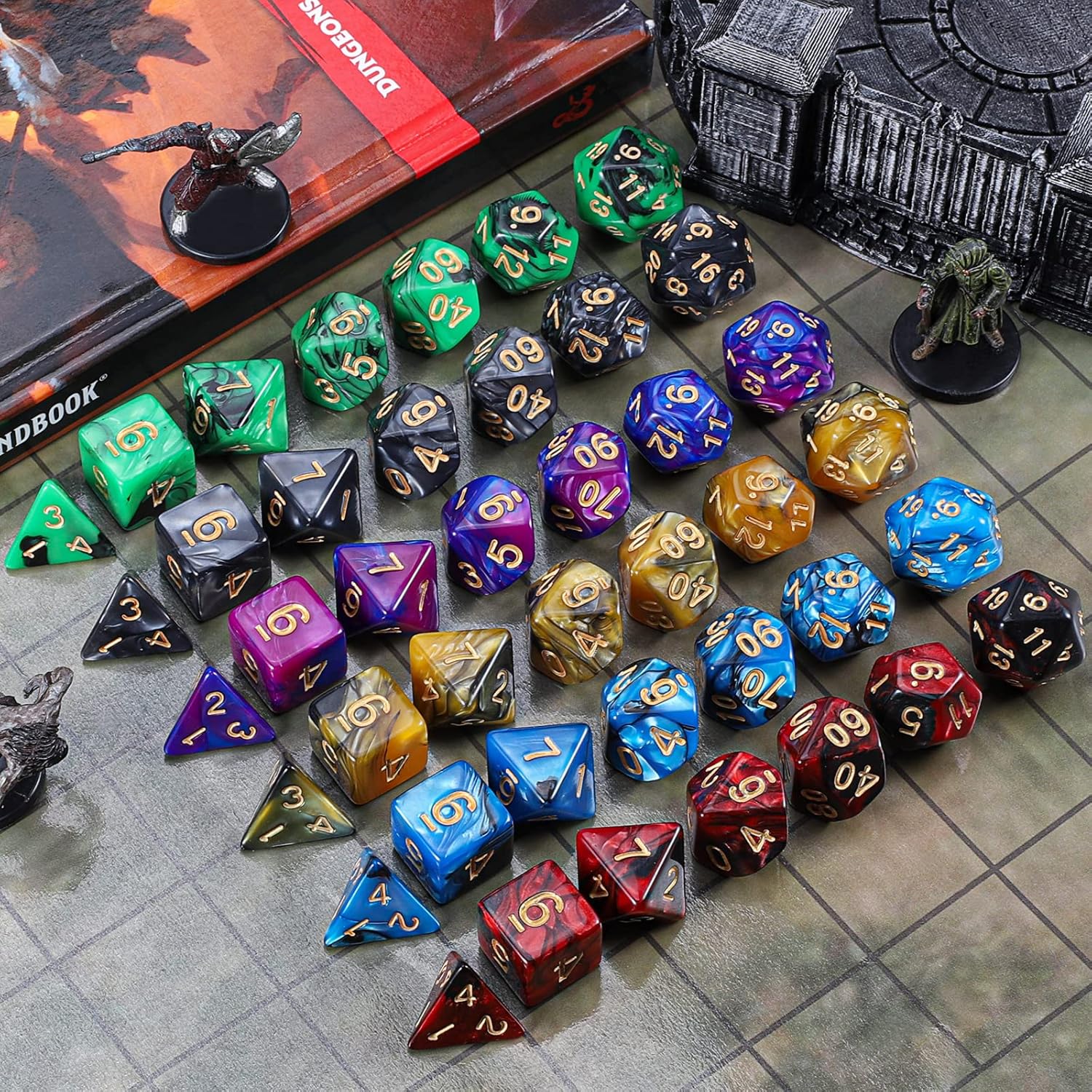 Detalle de iFergoo Polyedrische Würfel Set (42 Stück) mit 6 Beuteln – D4 bis D20 für Dungeons & Dragons, MTG & Co.