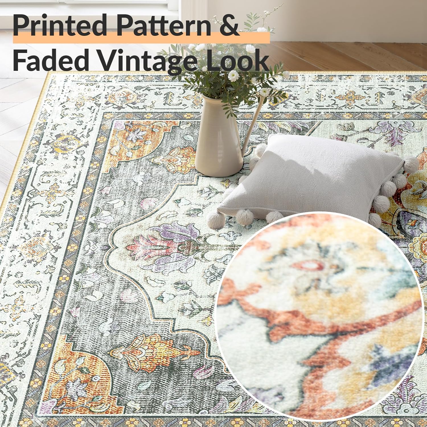 Thumbnail 6 de INOVADAY Machine Washable Vintage Low Pile Area Rug, 180x270 cm (Yellow/Grey/Orange/Purple)