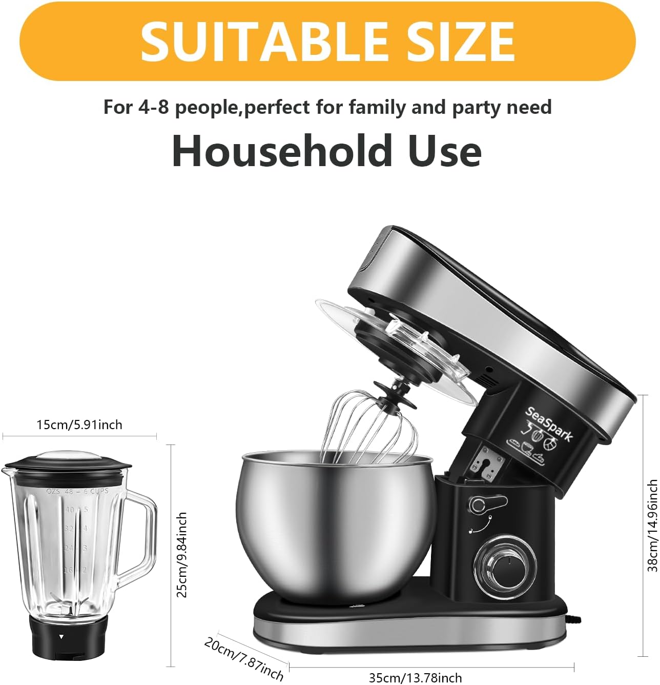 Thumbnail 1 de SeaSpark Multifunctional 6-in-1 Stand Mixer (6.3Qt Tilt-Head) with Stainless Steel Bowl, Meat Grinder & Juice Blender, Black (SC-213C)