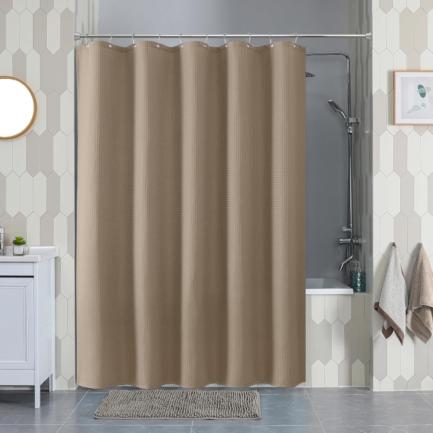Detalle de Rideau de douche VANZAVANZU motif gaufre avec anneaux métalliques imperméable anti-moisissures (kaki) 152x214 cm