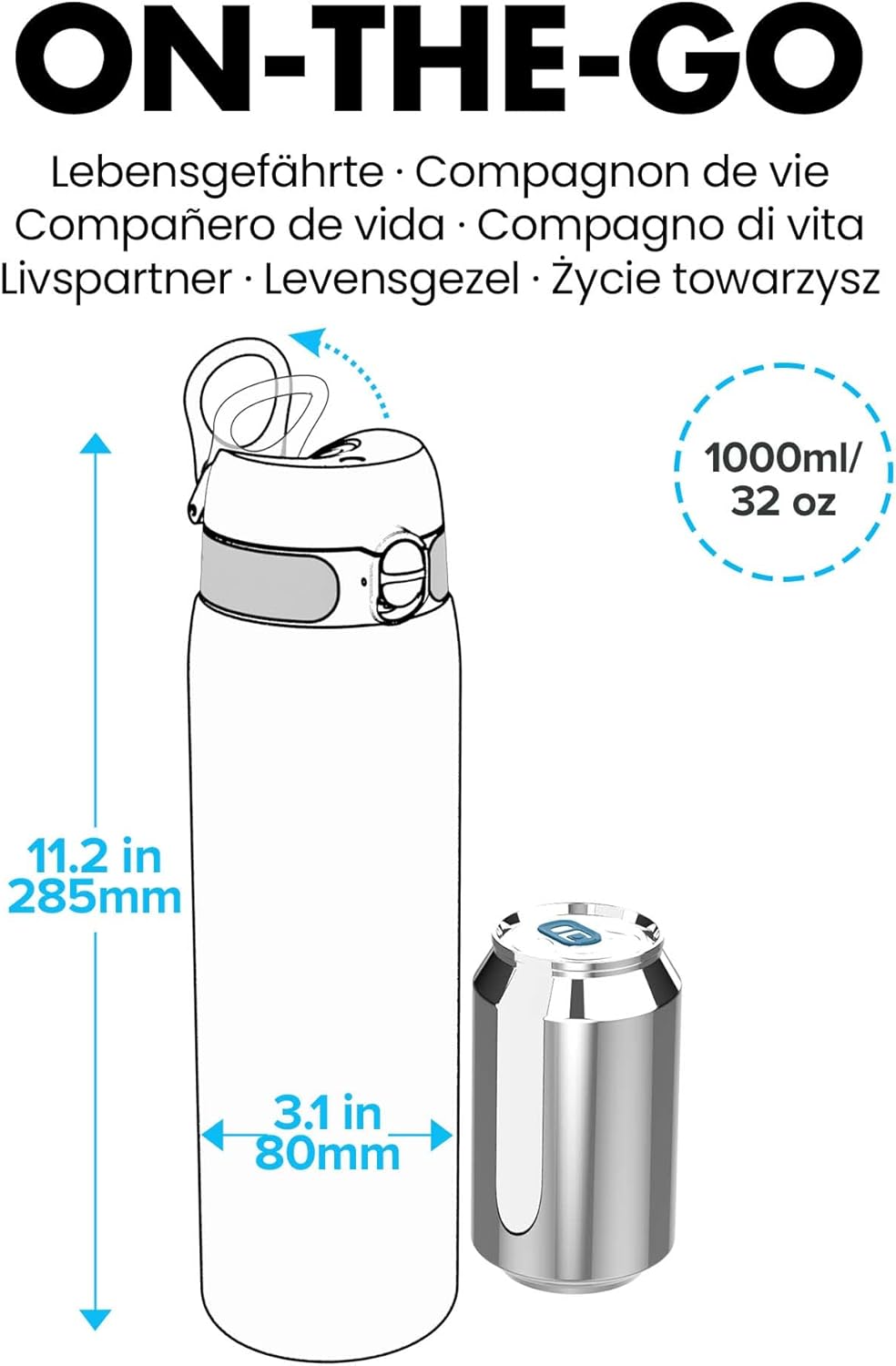 Detalle de Ion8 1 Litre Water Bottle with Times to Drink – Leak‑Proof, Dishwasher Safe and BPA Free