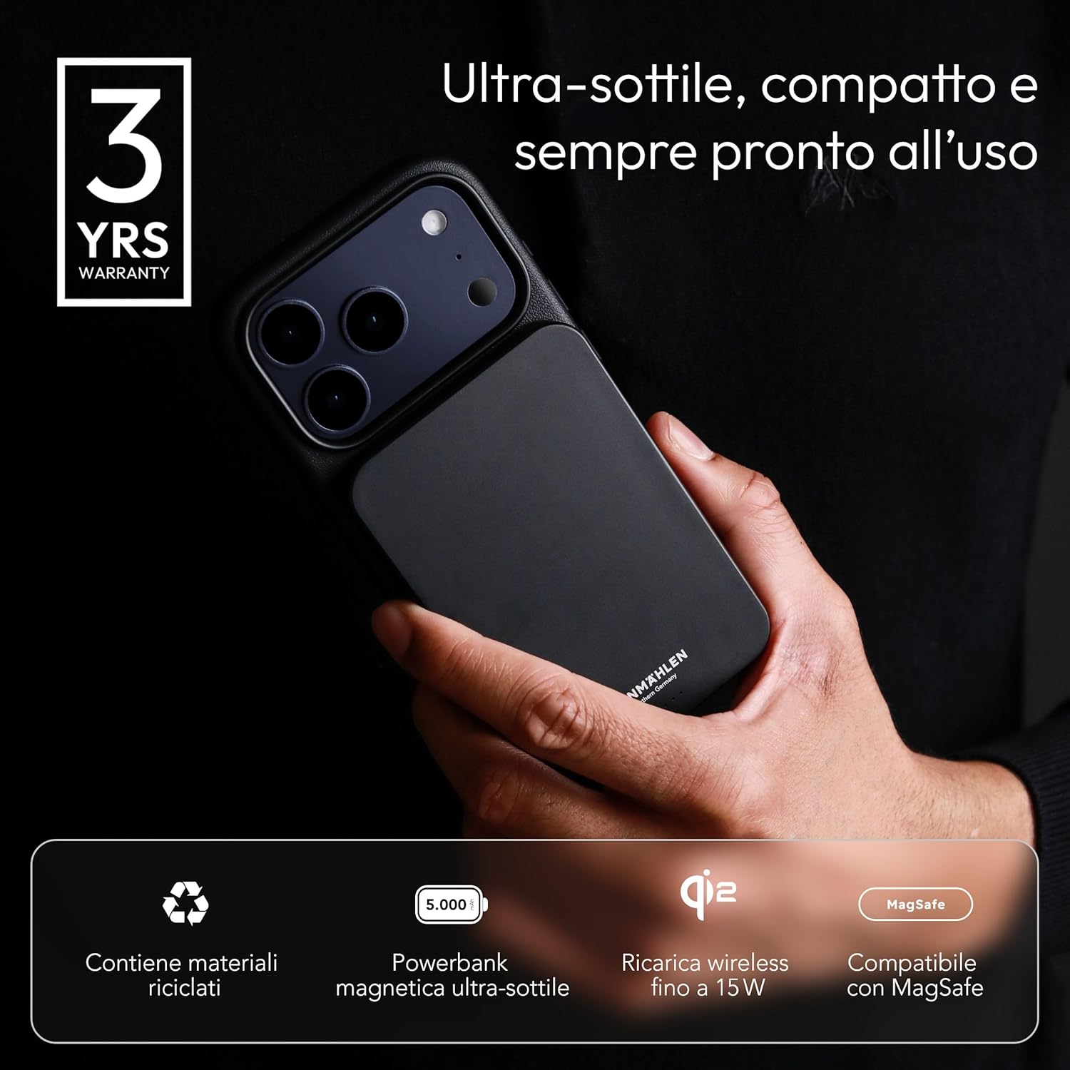 Thumbnail 1 de Vonmählen Evergreen Mag - Powerbank magnetica ultra-sottile da 5000mAh, ricarica wireless 15W e USB-C PD 20W, QI2 Nero