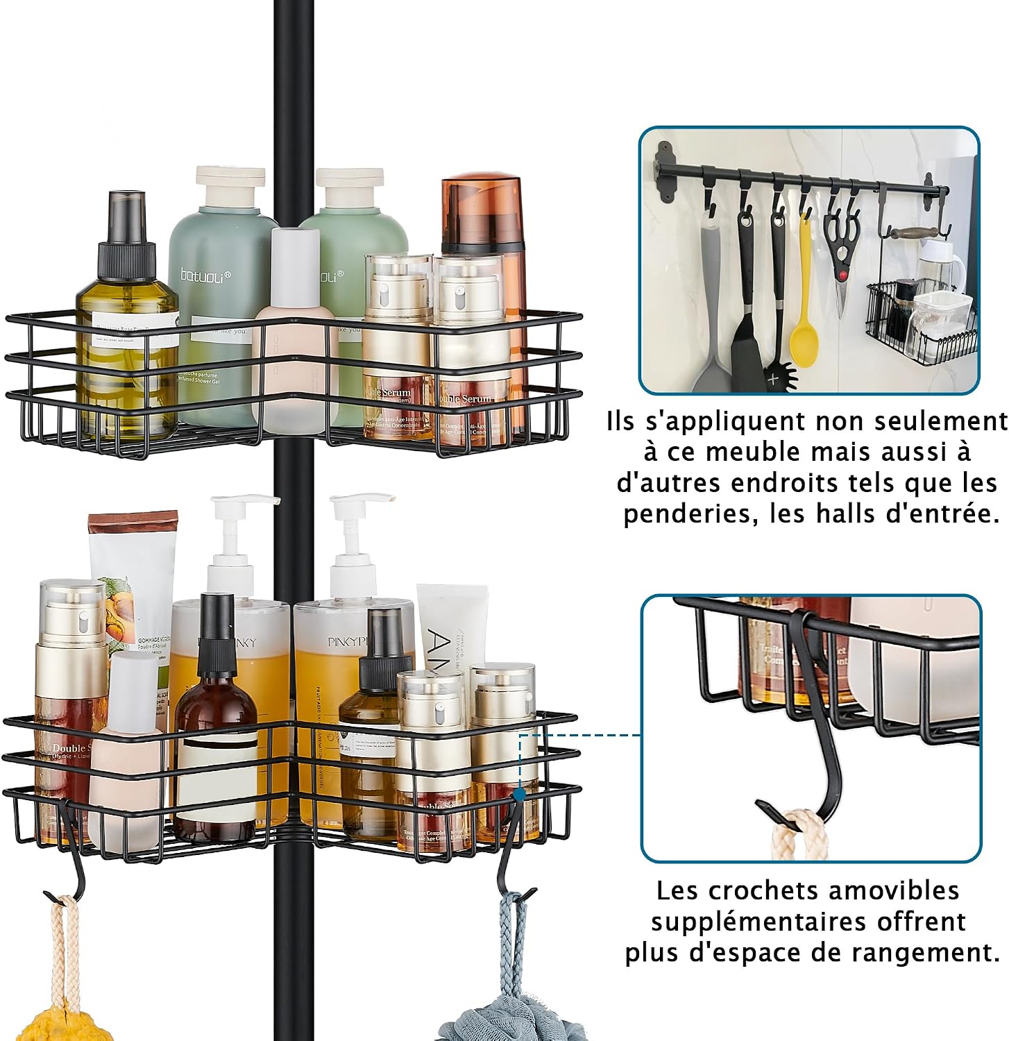 Detalle 2 de FIISAYL étagère de douche télescopique sans perçage en acier inoxydable (4 plateaux) réglable 85–325 cm – Noir