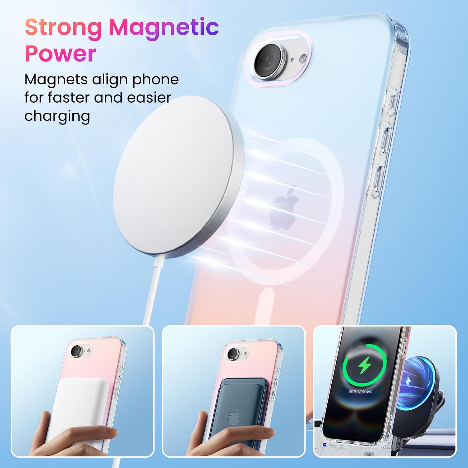 Detalle de ORNARTO iPhone 17e/16e 6.1-Inch Case — Shockproof, Iridescent Rainbow Design with Magnetic Charging