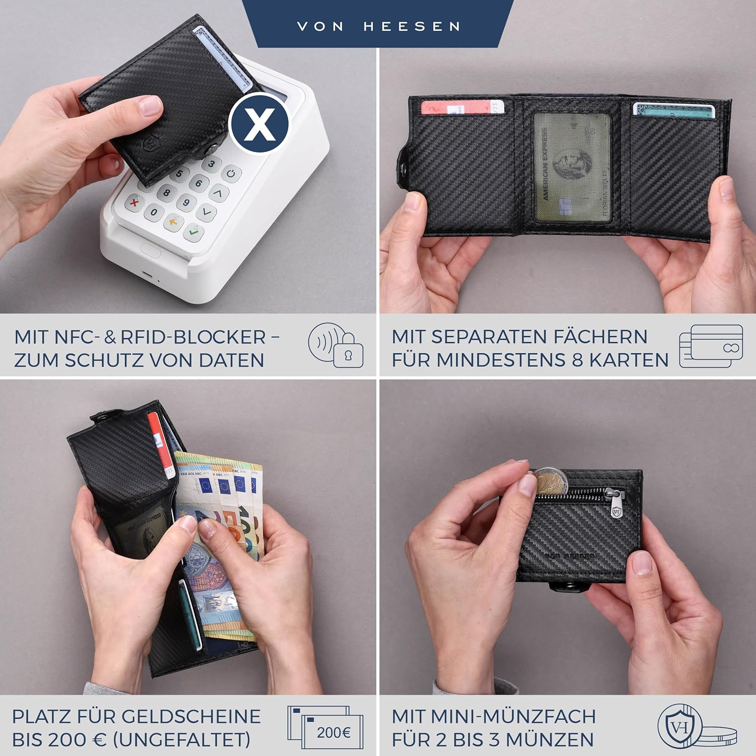 Thumbnail 1 de VON HEESEN Slim Wallet mit Münzfach & RFID-Schutz – Carbon-Schwarz, Mini Geldbörse