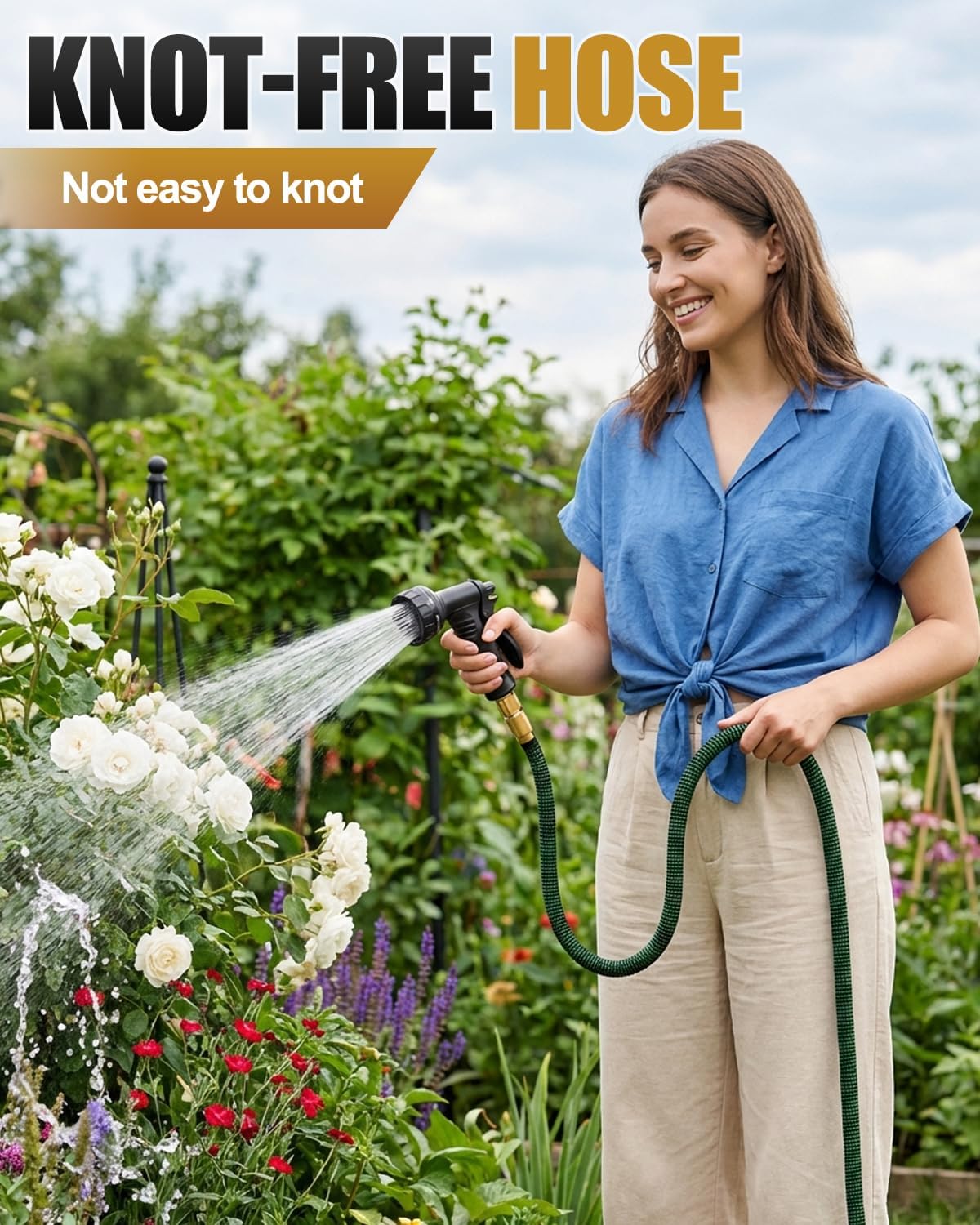 Thumbnail 6 de 150FT/45M Expandable Garden Hose with 10-Pattern Spray Nozzle and 3/4" & 1/2" Fittings (Kink-Free “Magic Hose”) – Green