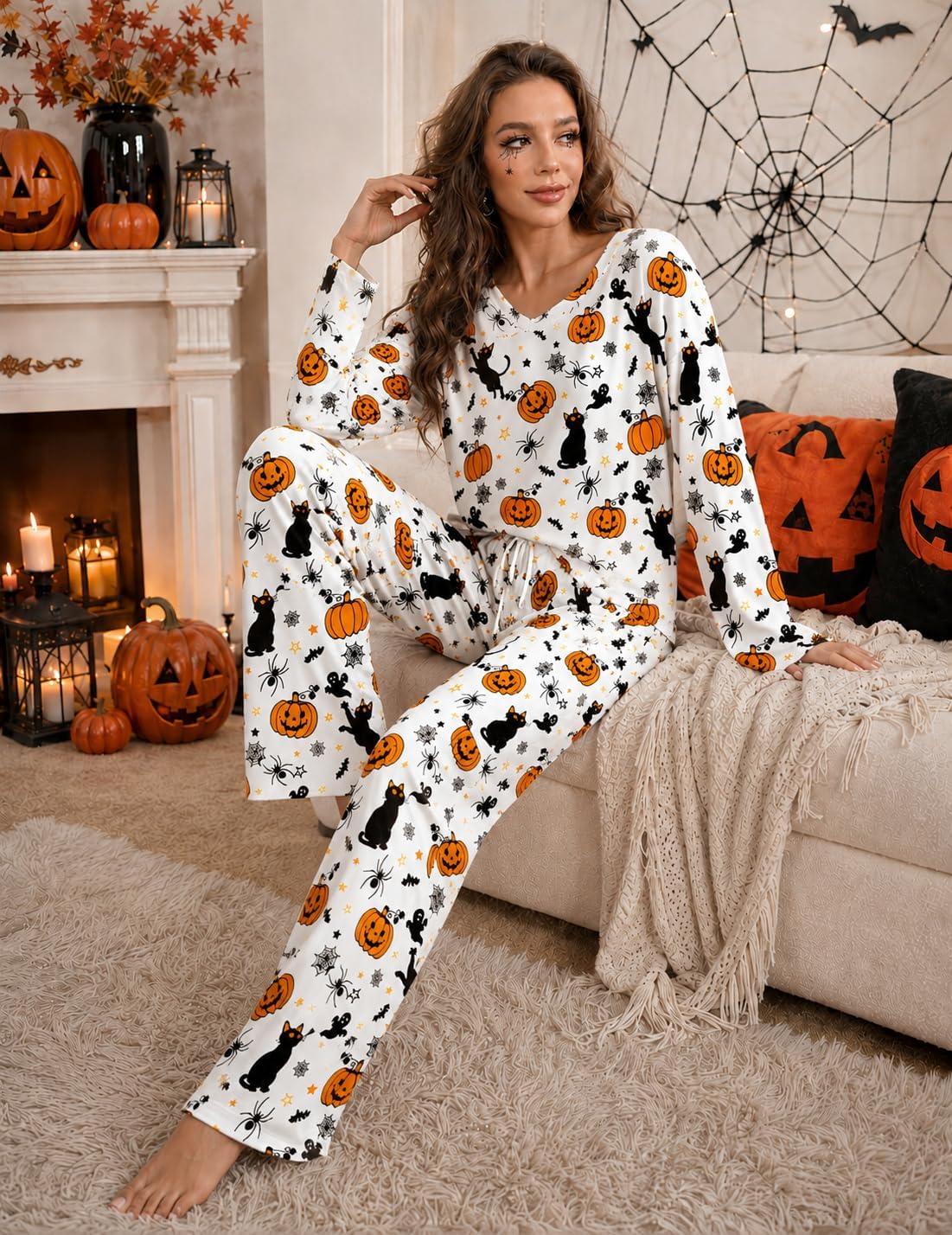 Detalle 2 de Ekouaer Women's 2-Pack Long-Sleeve Pajama Sets with V-Neck Tops and Pocket Pants