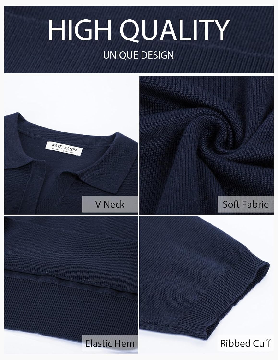 Detalle de Kate Kasin Women’s Short Sleeve Polo Sweater (V-Neck Ribbed Knit)