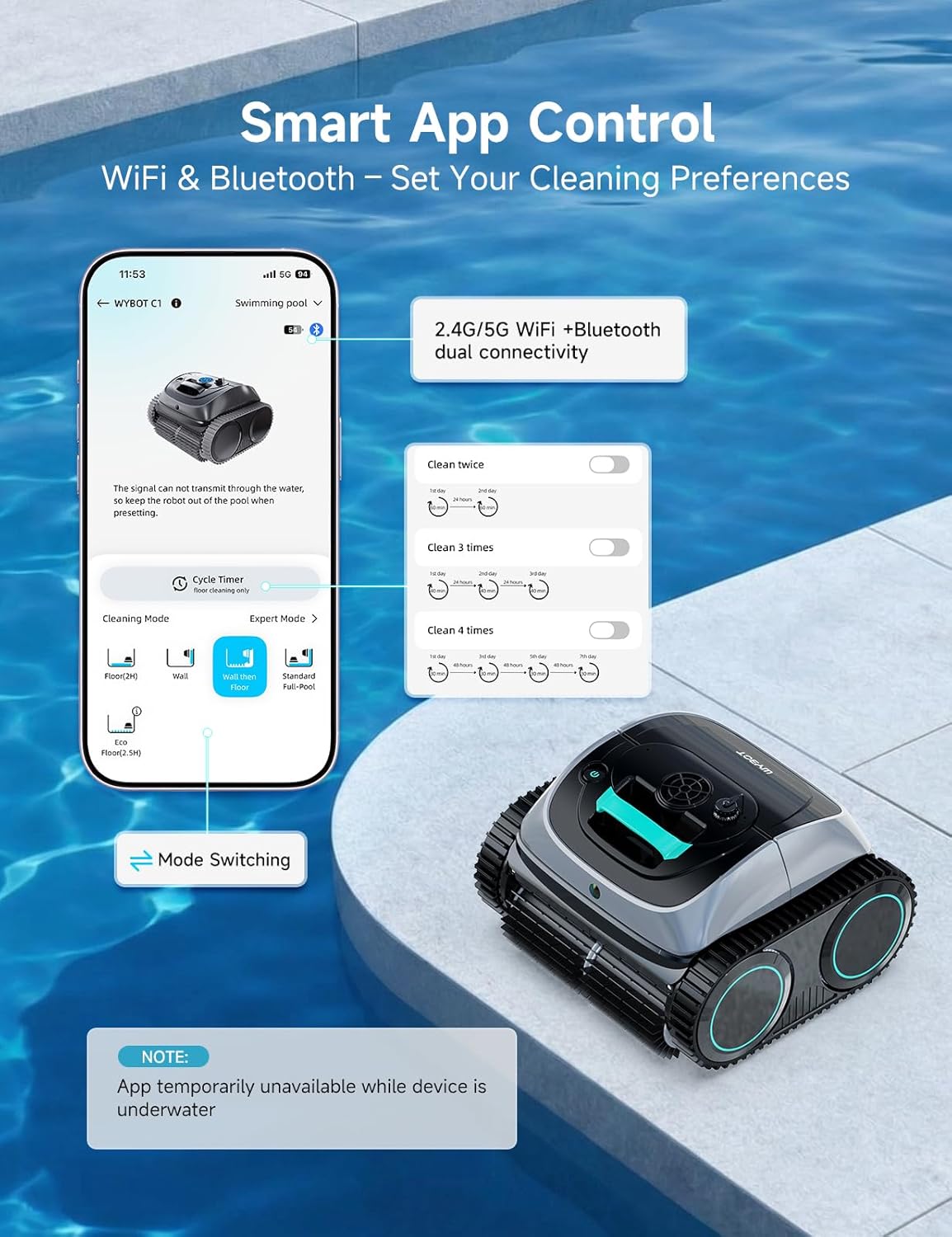 Thumbnail 5 de WYBOT C1 Robotic Pool Vacuum: 4-in-1 Cordless Cleaner for Inground & Above Ground Pools