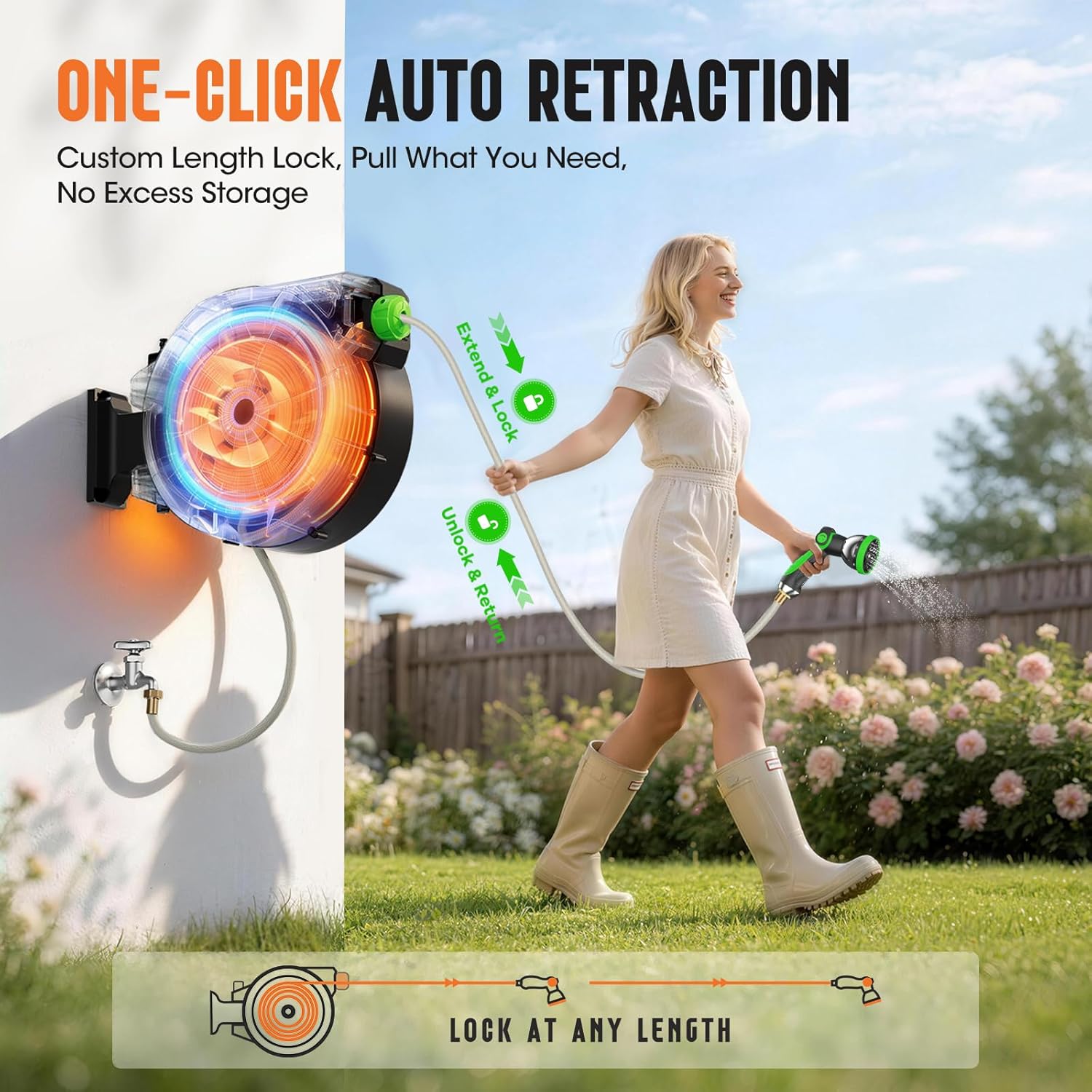 Detalle de Garden Hose Reel 2-in-1 Wall Mounted Portable Auto Rewind Hose Reel with 180° Swivel Bracket, Any Length Lock & 9-Pattern Nozzle (1/2in 30+2m)