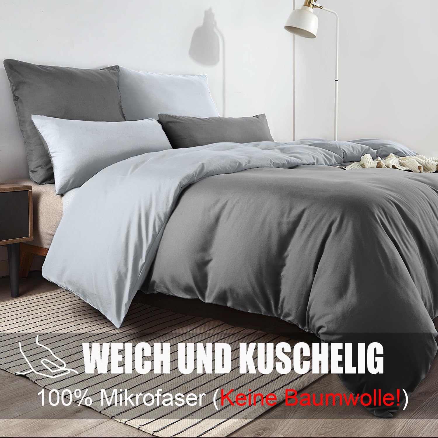 Thumbnail 2 de Soifox Bettwäsche 200x200 Grau aus Mikrofaser – Bügelfrei, knitterfrei, 2er Set (Bettbezug 200x200 + 2 x 80x80 Kissenbezüge) mit Reißverschluss