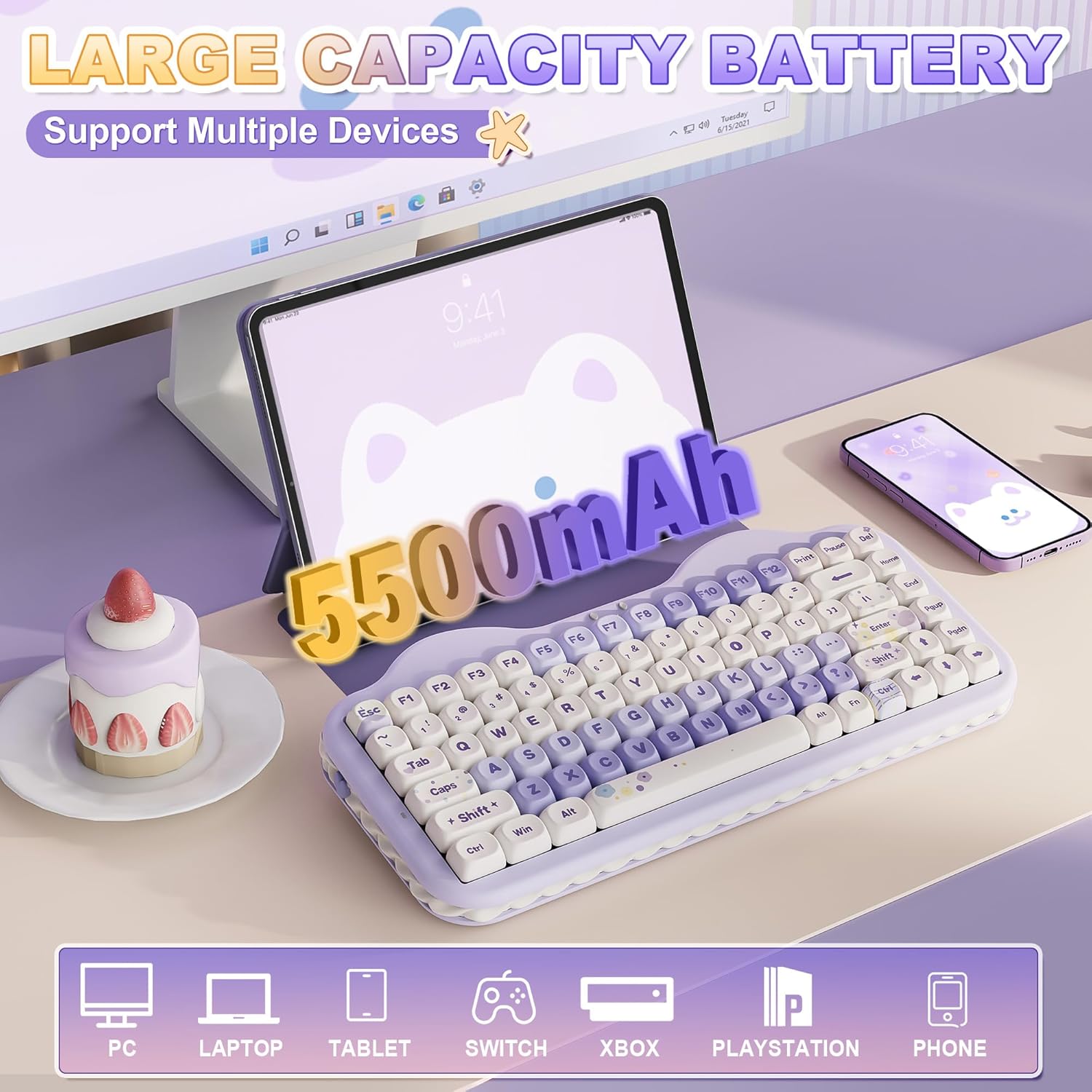 Thumbnail 5 de YUNZII C75 clavier gamer mécanique sans fil 75% tri-mode RGB (BT/2,4G/USB-C) Hot Swap violet Milk V2