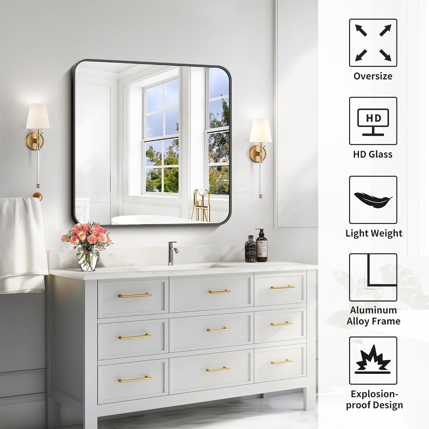 Detalle de COFENY 30 x 30 Inch Square Bathroom Mirror with Black Metal Frame