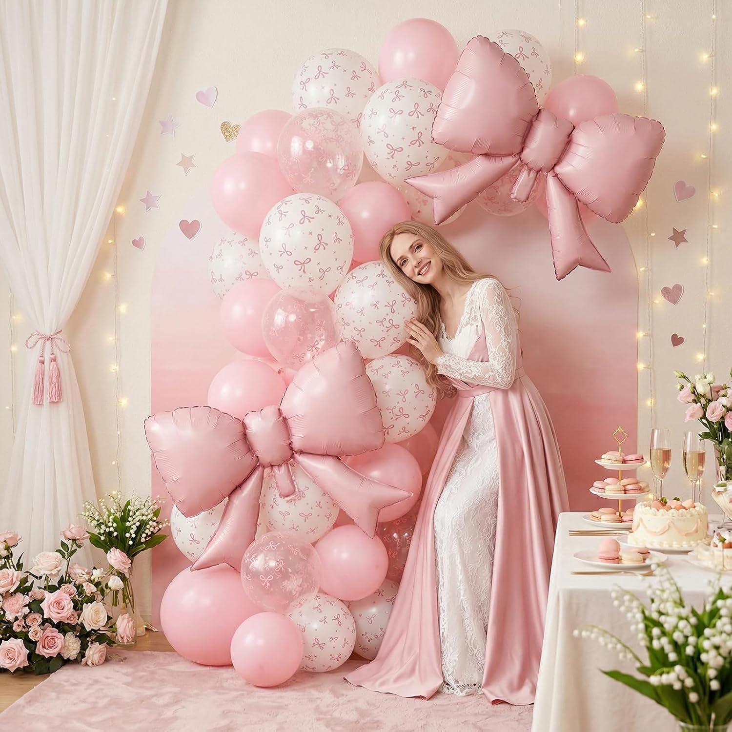 Thumbnail 5 de FEYG Pink Bow Balloon Set, 12-Inch Pink and White Balloons with Foil Bows