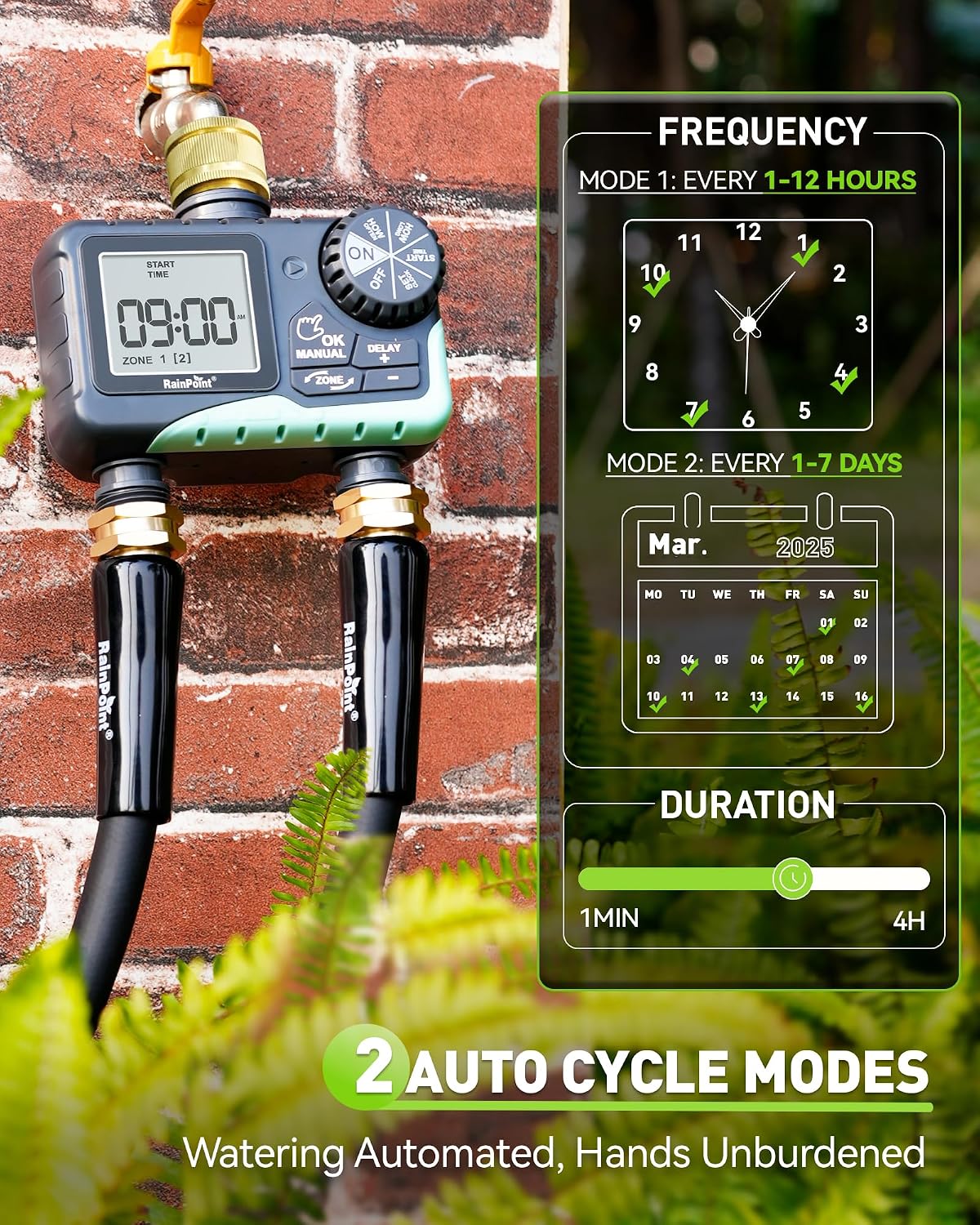 Thumbnail 1 de RAINPOINT Water Timer 2 Outlets with Brass Inlet – IP65 Waterproof, Dual-Zone Garden Irrigation Timer