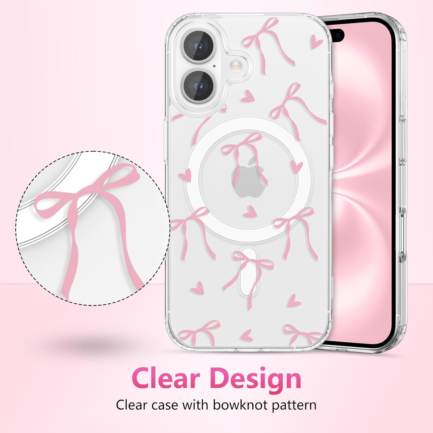 Thumbnail 1 de ZTOFERA magnetische Handyhülle für iPhone 16 (6,1 Zoll) – transparente TPU-Schutzhülle mit Schleife & Herz (rosa)
