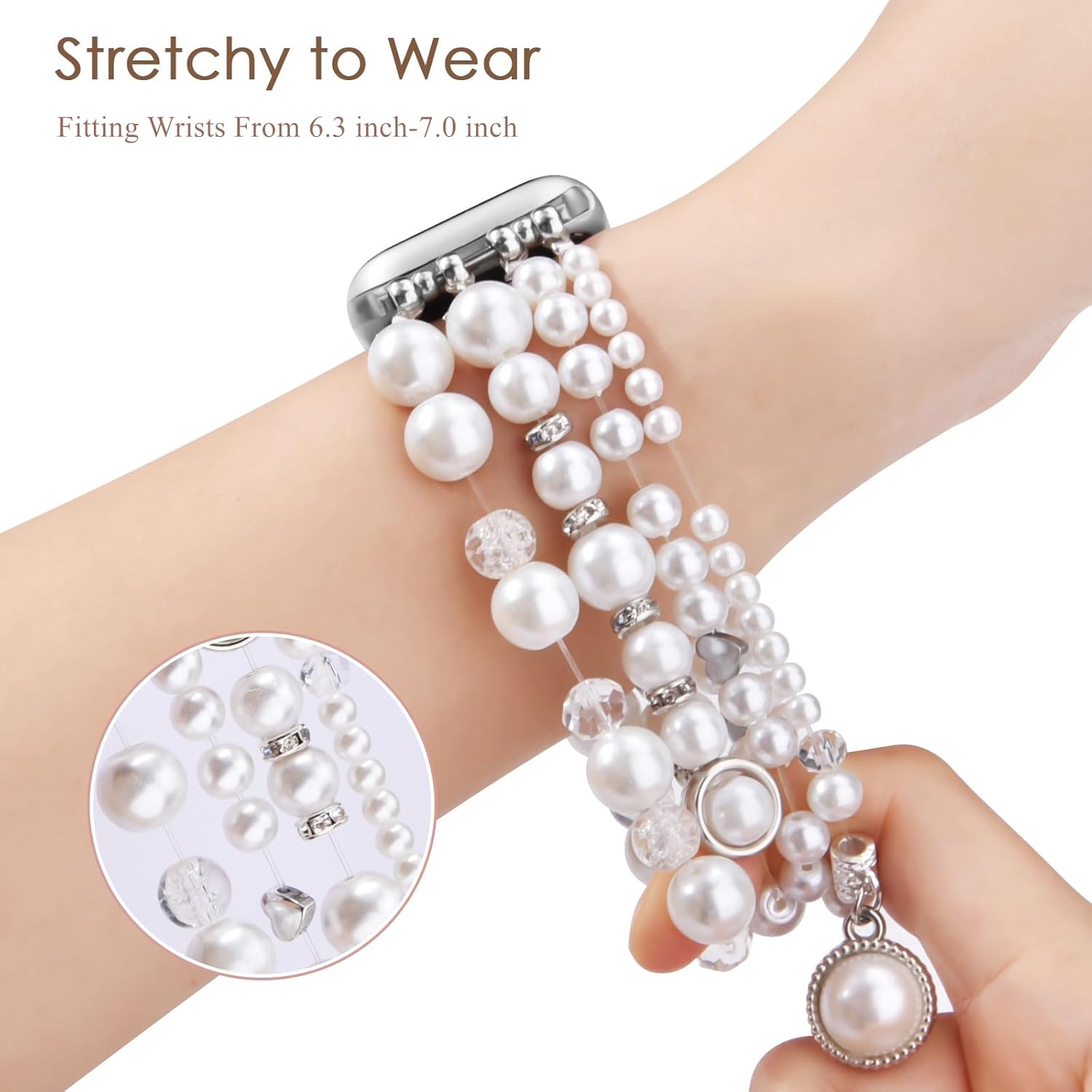 Thumbnail 4 de VMORO Pearl Bracelet for Apple Watch (40–46mm) – White Pearl Leather Strap for Women