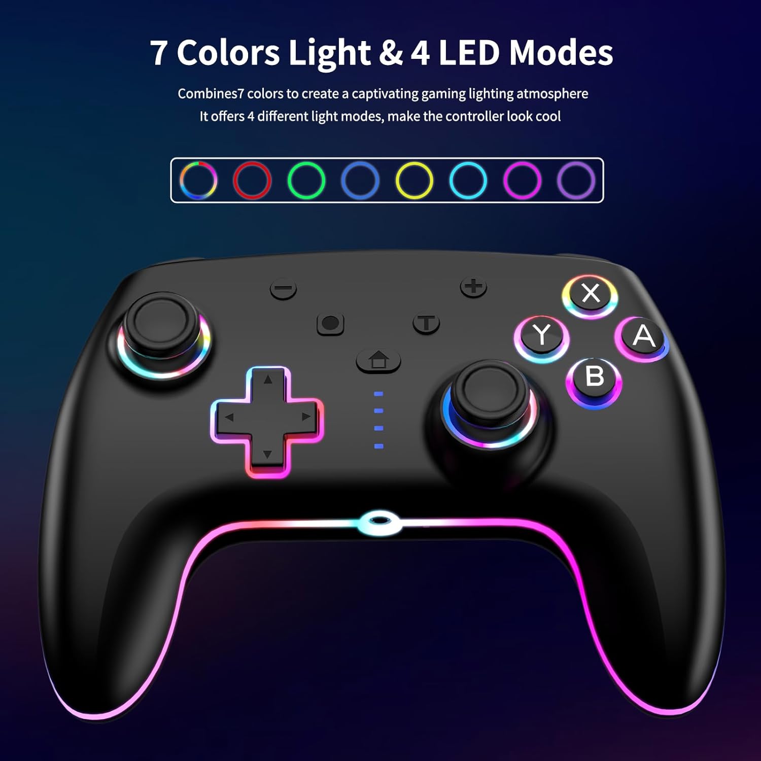 Detalle de RGB Wireless Controller 2er-Pack für Switch, Switch 2, Lite, OLED und PC – 7-Farb-LED, Gyrosensor, Dual-Vibration & Turbo