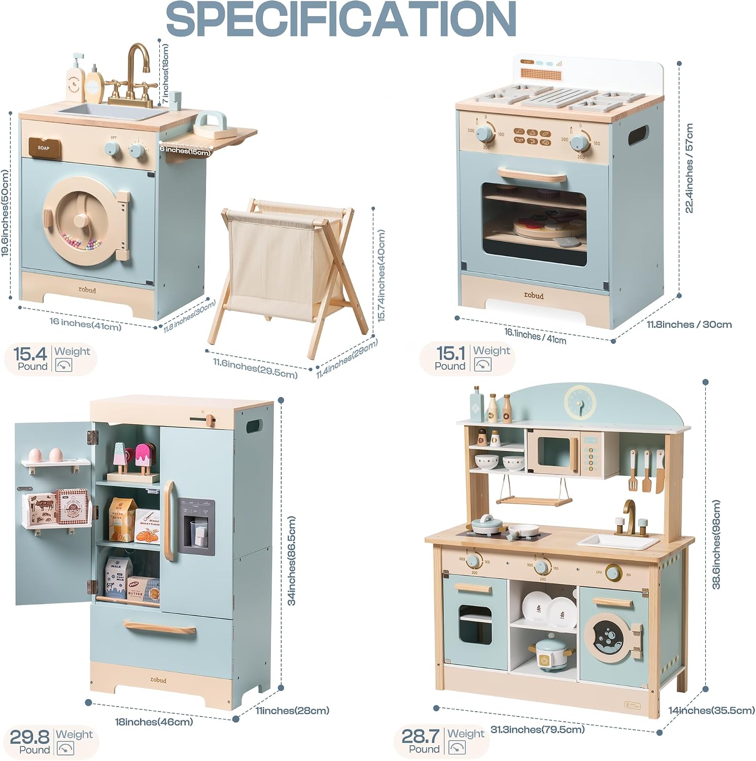 Thumbnail 2 de ROBOTIME Wooden Play Kitchen: Toddler Kitchen Set with Oven, Fridge & Washing Machine