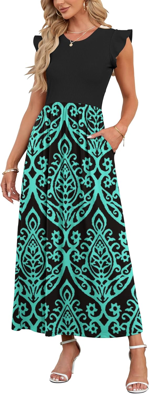 Thumbnail 6 de AUSELILY Damen Maxi-Kleid mit Rundhalsausschnitt, Taschen, Rüschen und hoher Taille