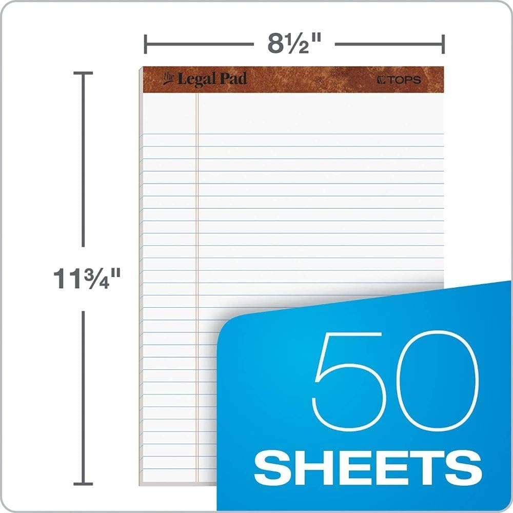Detalle de TOPS 7533 Legal Pads, 8.5 x 11-3/4 in, Wide-Ruled White Paper, 12-Pack
