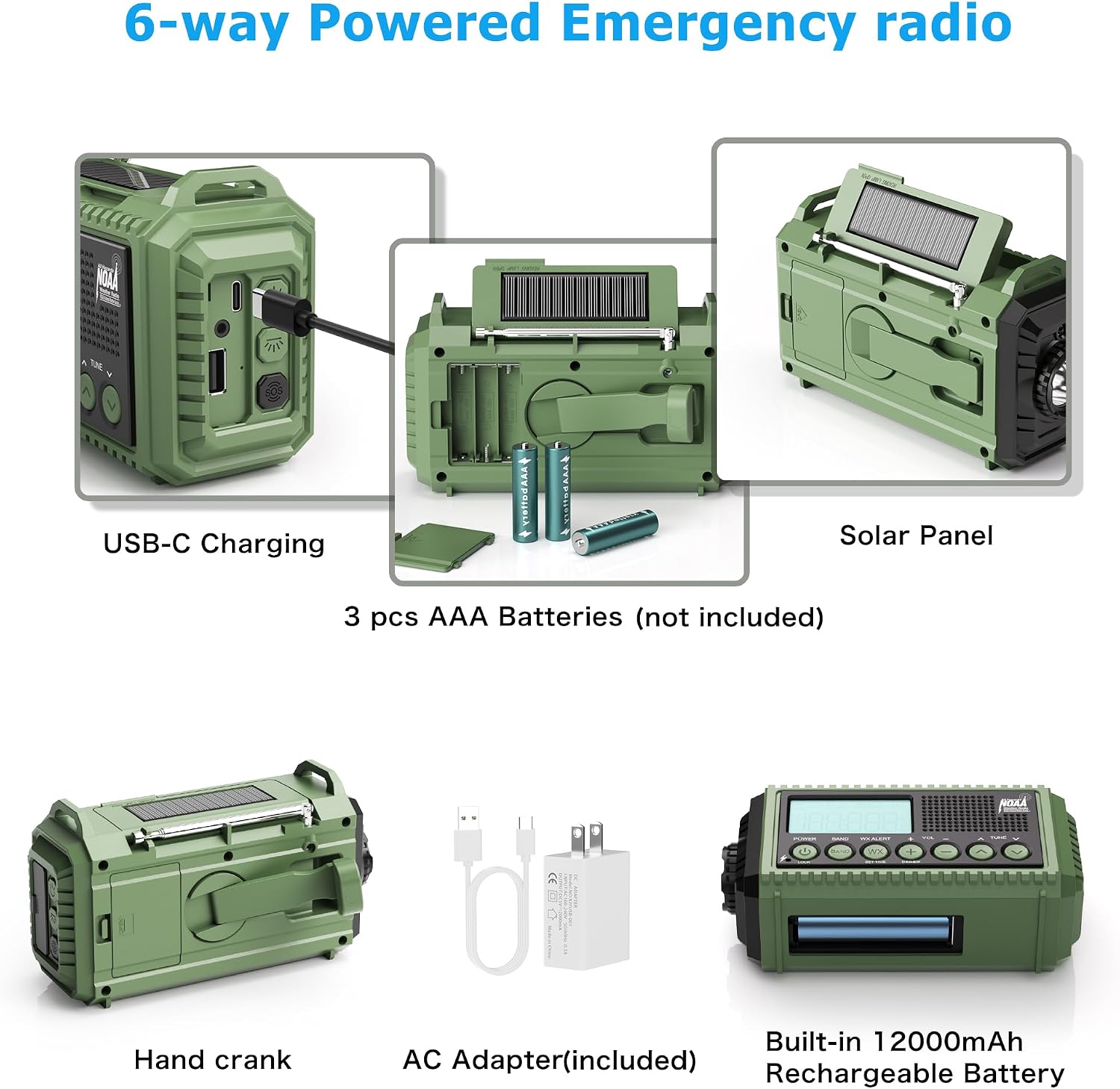 Detalle 2 de Eoxsmile NOAA Weather Radio 12000mAh Emergency Crank & Solar AM/FM Shortwave Radio (USB-C)