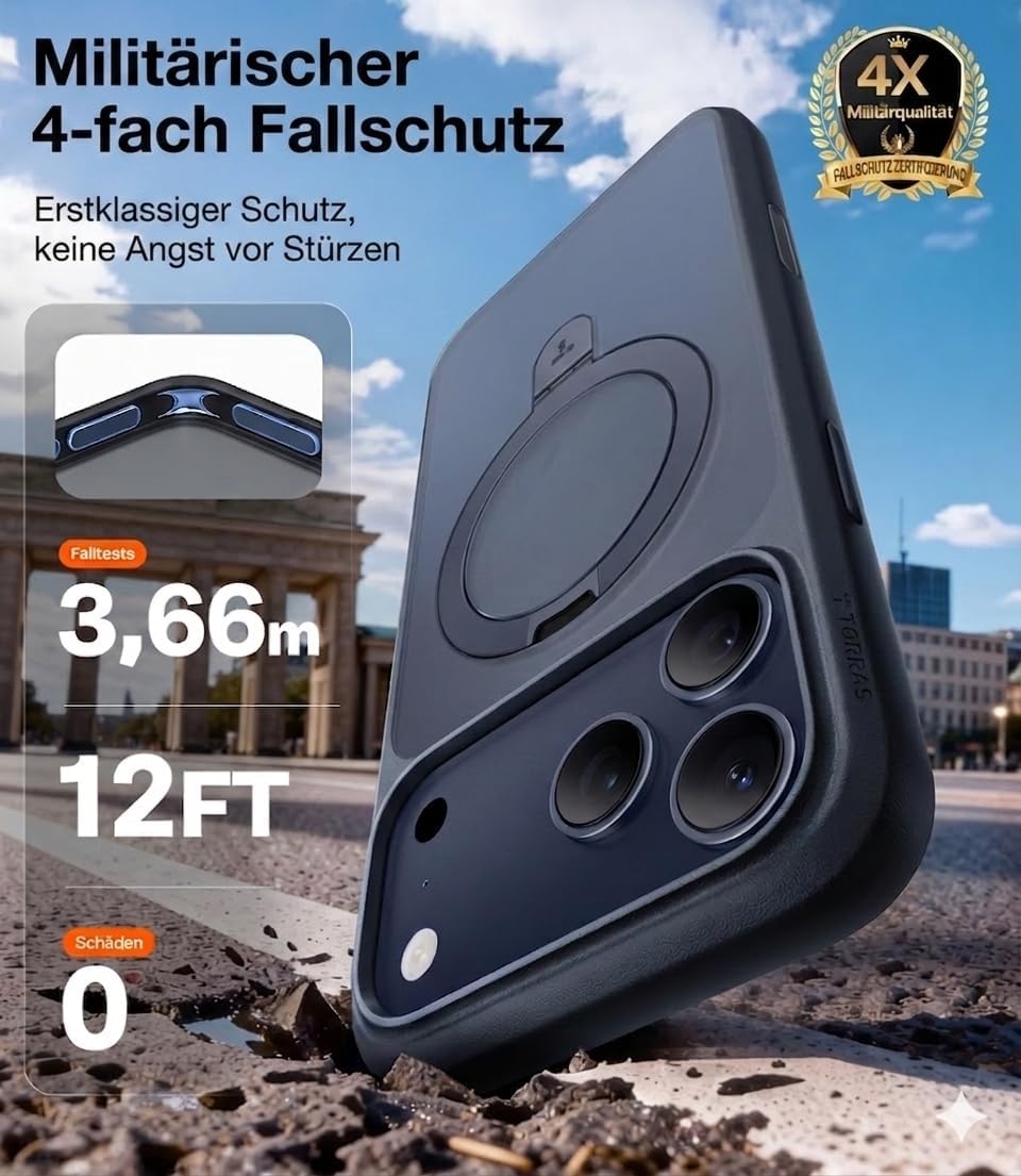 Detalle de TORRAS Ostand Q1 Guardian – Hülle für iPhone 17 Pro mit unsichtbarem Ständer, 18N Magnetkraft und Militärschutz
