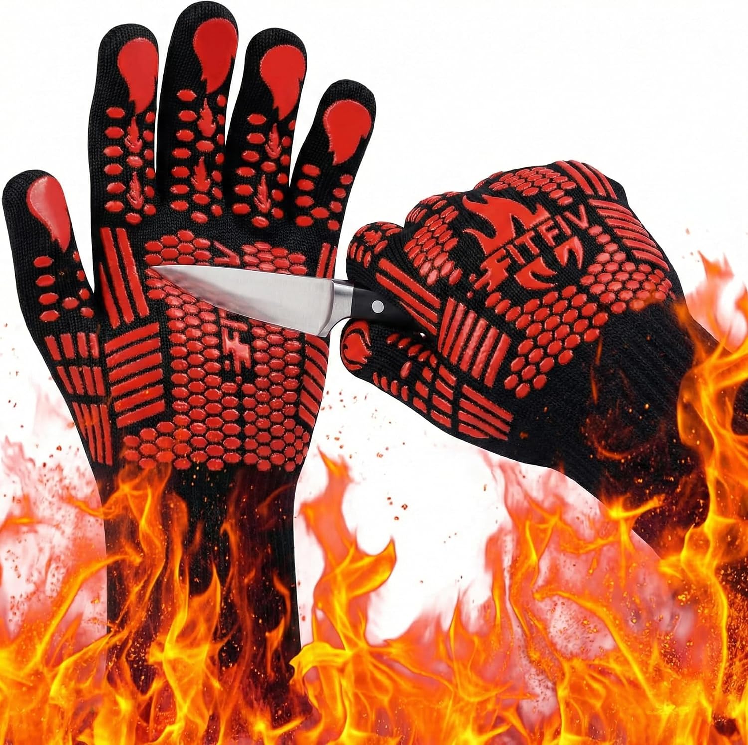 Detalle de FITFIV BBQ Gloves: 1472°F Heat Resistant Oven Mitts with Silicone Grip