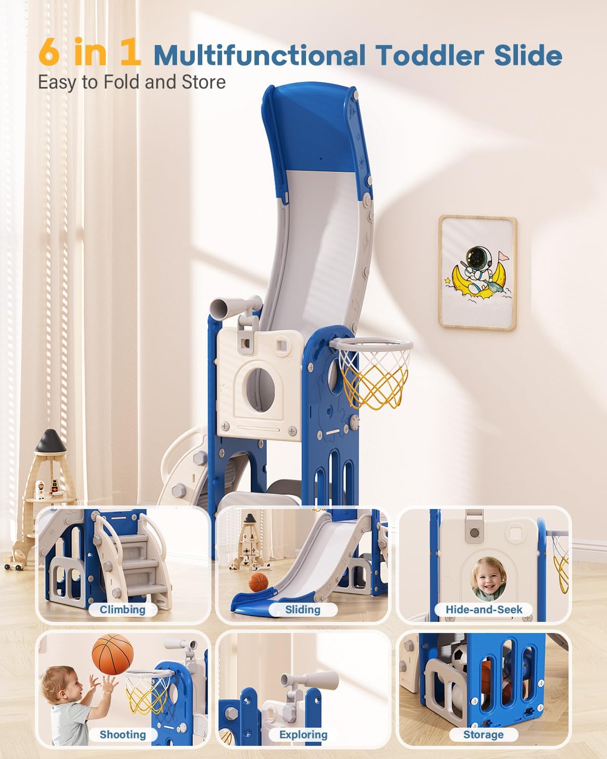 Detalle de Babytronic 6-in-1 Toddler Slide: Indoor/Outdoor Climber with Basketball Hoop and Telescope
