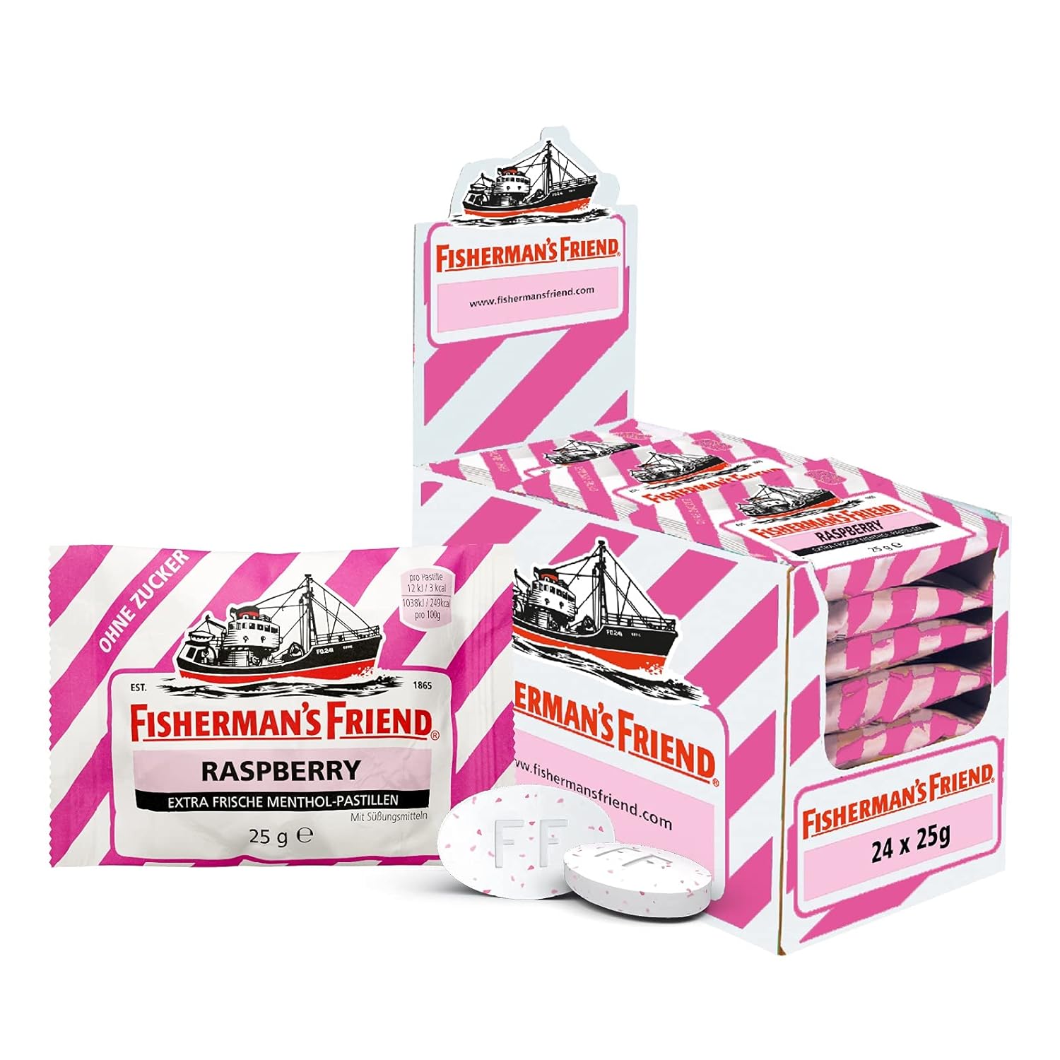 Detalle de Fisherman’s Friend Raspberry – Zuckerfrei, vegan und erfrischend stark im 24er Vorratsbox-Display