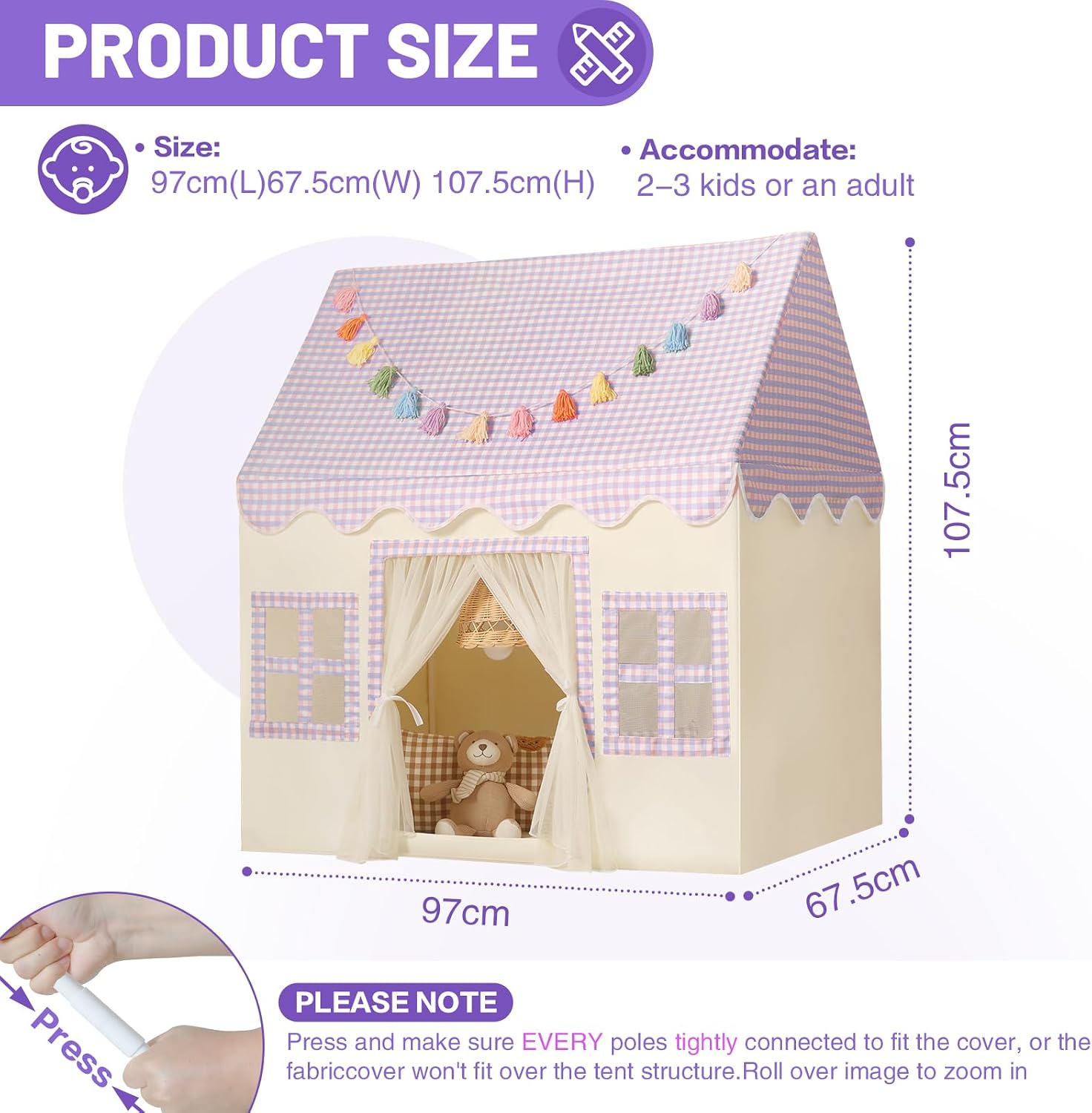 Detalle de Wilwolfer Kids Play Tent Indoor Princess PlayHouse with Padded Mat and Tassel Garland (67.5×97×107.5)