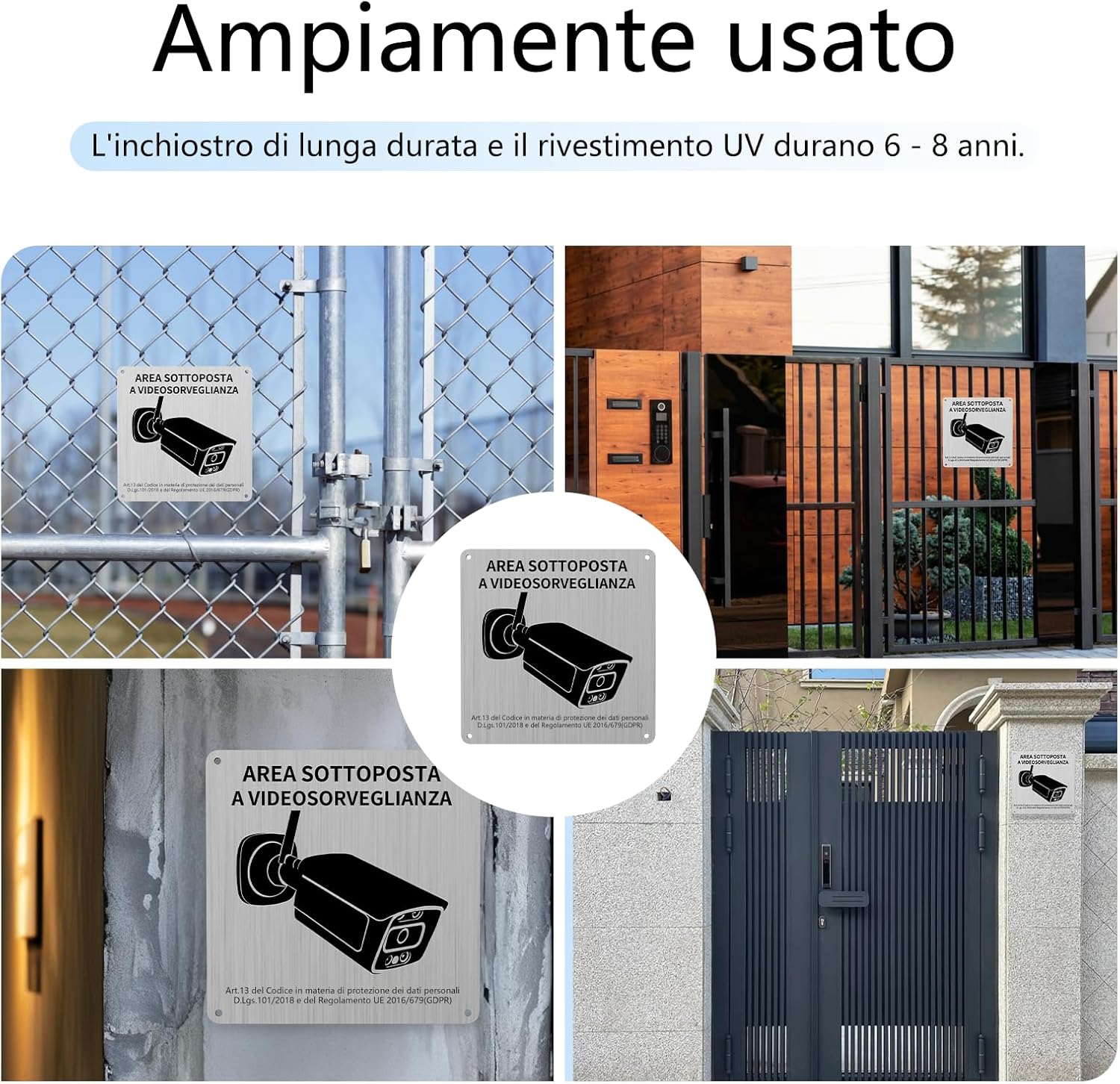 Thumbnail 6 de REIGY Cartello Area Videosorvegliata in alluminio esterno 15x15 cm (2 pezzi) con adesivo 3M e GDPR