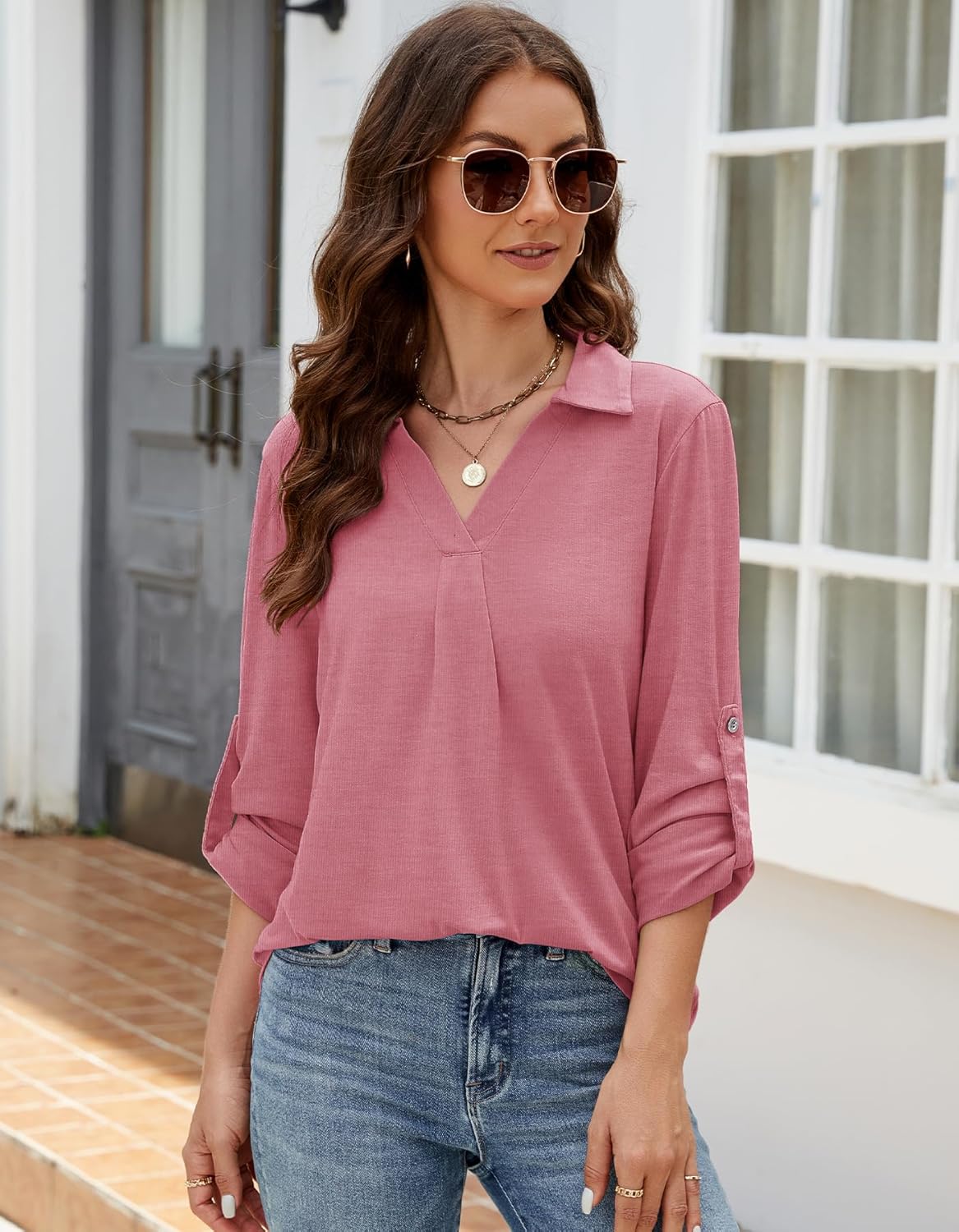 Thumbnail 4 de Odosalii Damen Bluse V-Ausschnitt Hemd Elegant – 3/4 Ärmel, Tunika Longshirt