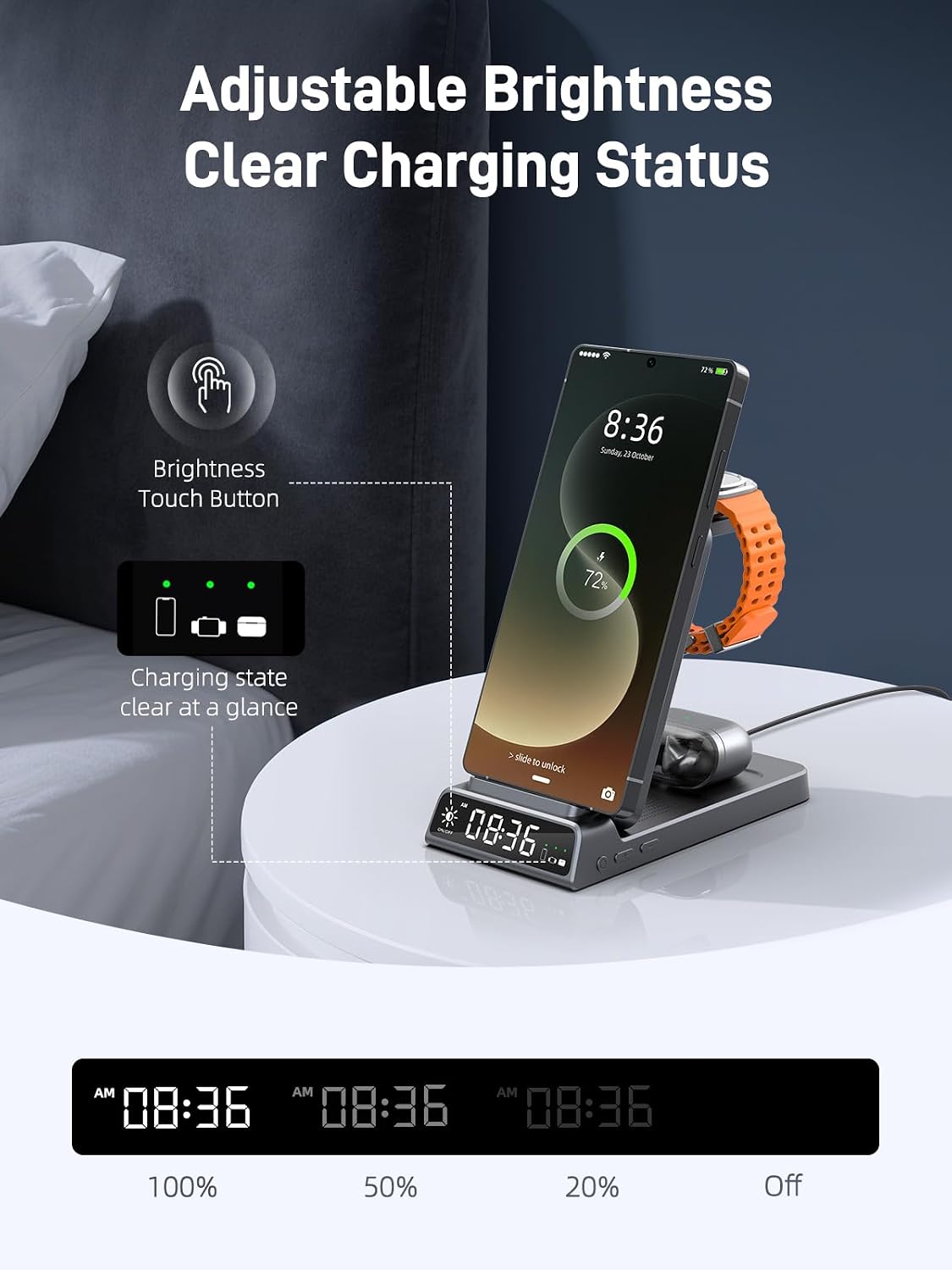Thumbnail 4 de Drahtloses 3-in-1 Ladegerät für Samsung Ladestation mit Uhr (faltbar, grau) für Galaxy S25 Ultra/S24, Watch 8–5 Pro & Galaxy Buds