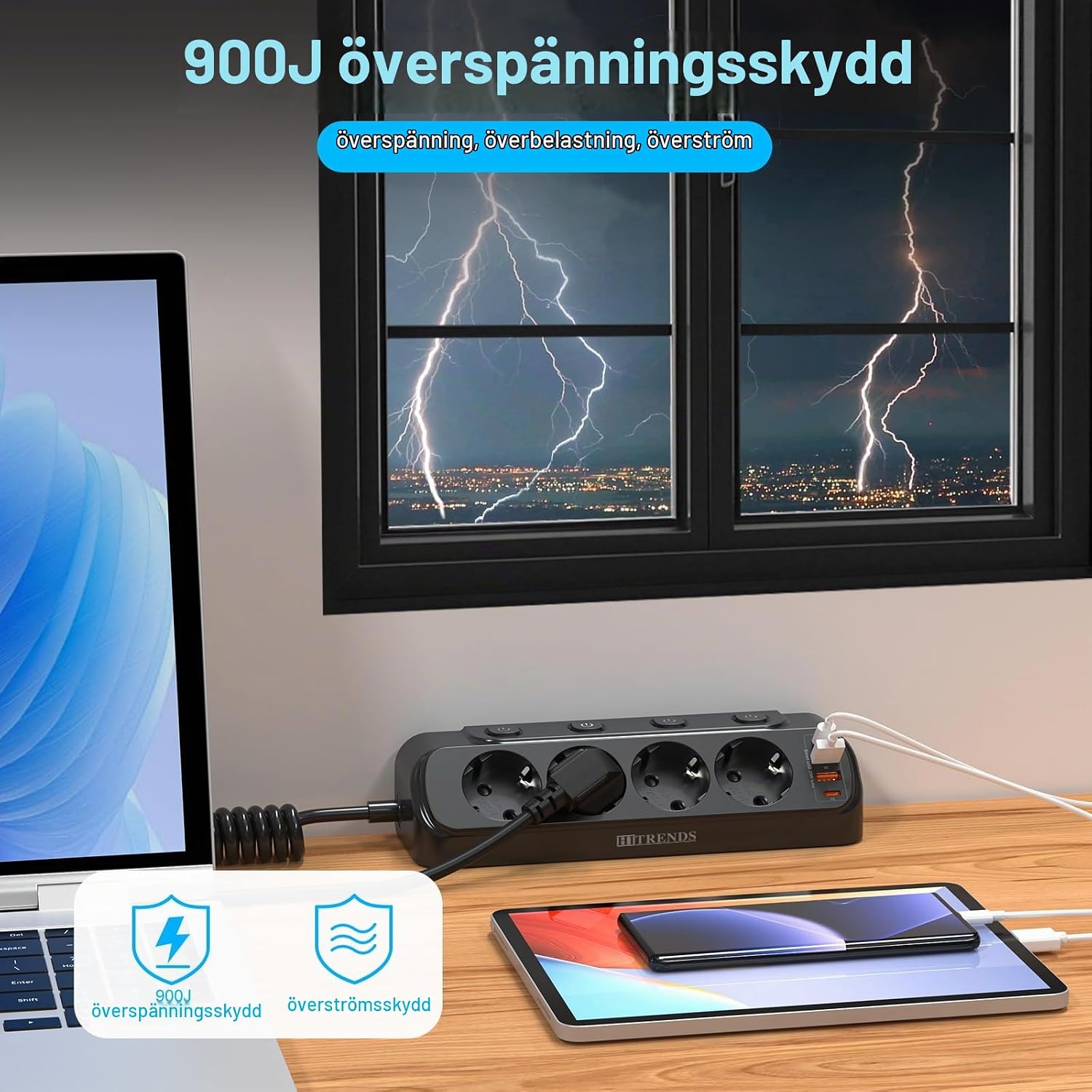 Detalle de HITRENDS Black bordsuttag med USB-C PD 20 W och fyra strömbrytare
