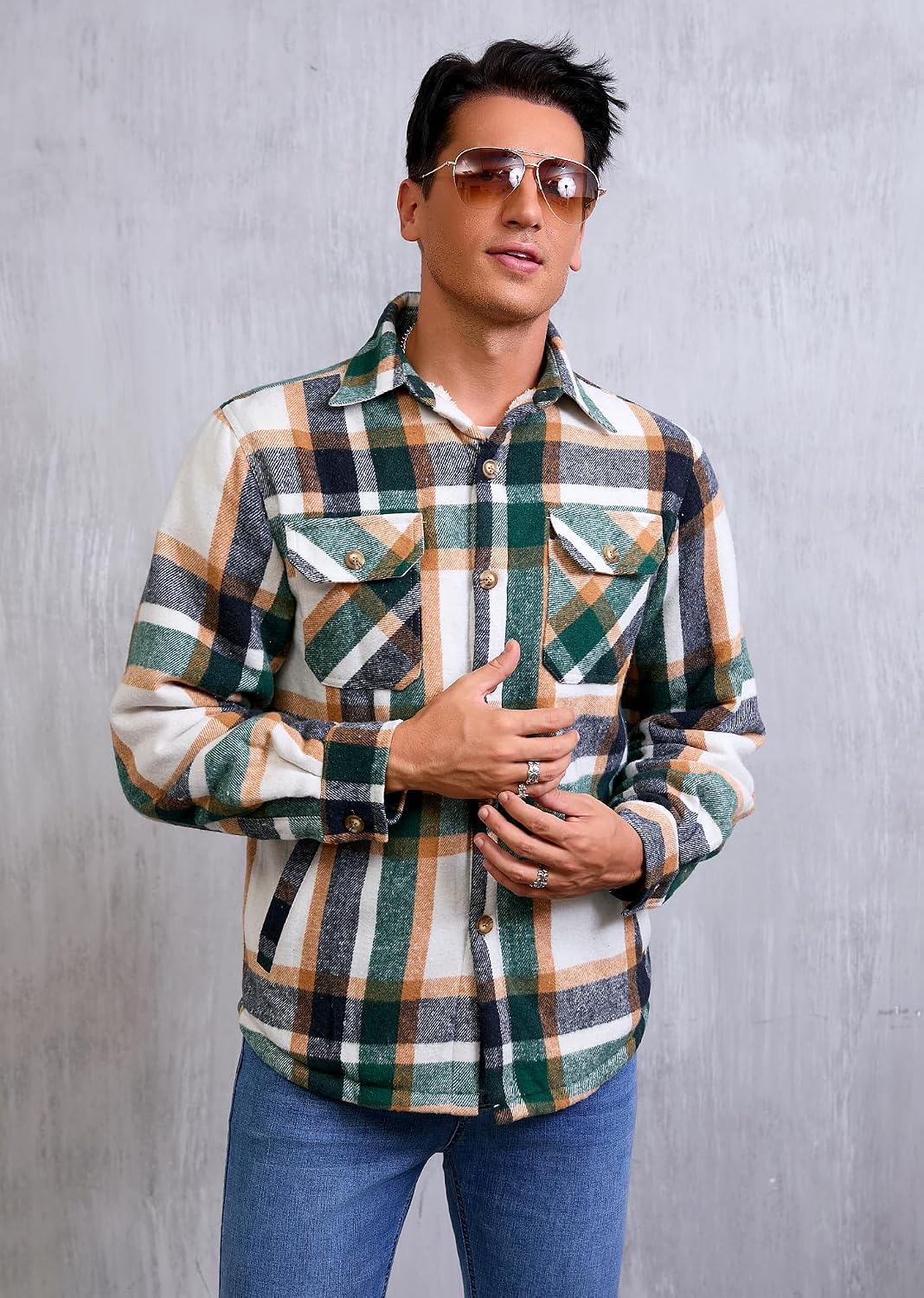 Detalle de WINDFIT Men's Sherpa-Lined Plaid Flannel Shirt Jacket, Button-Down