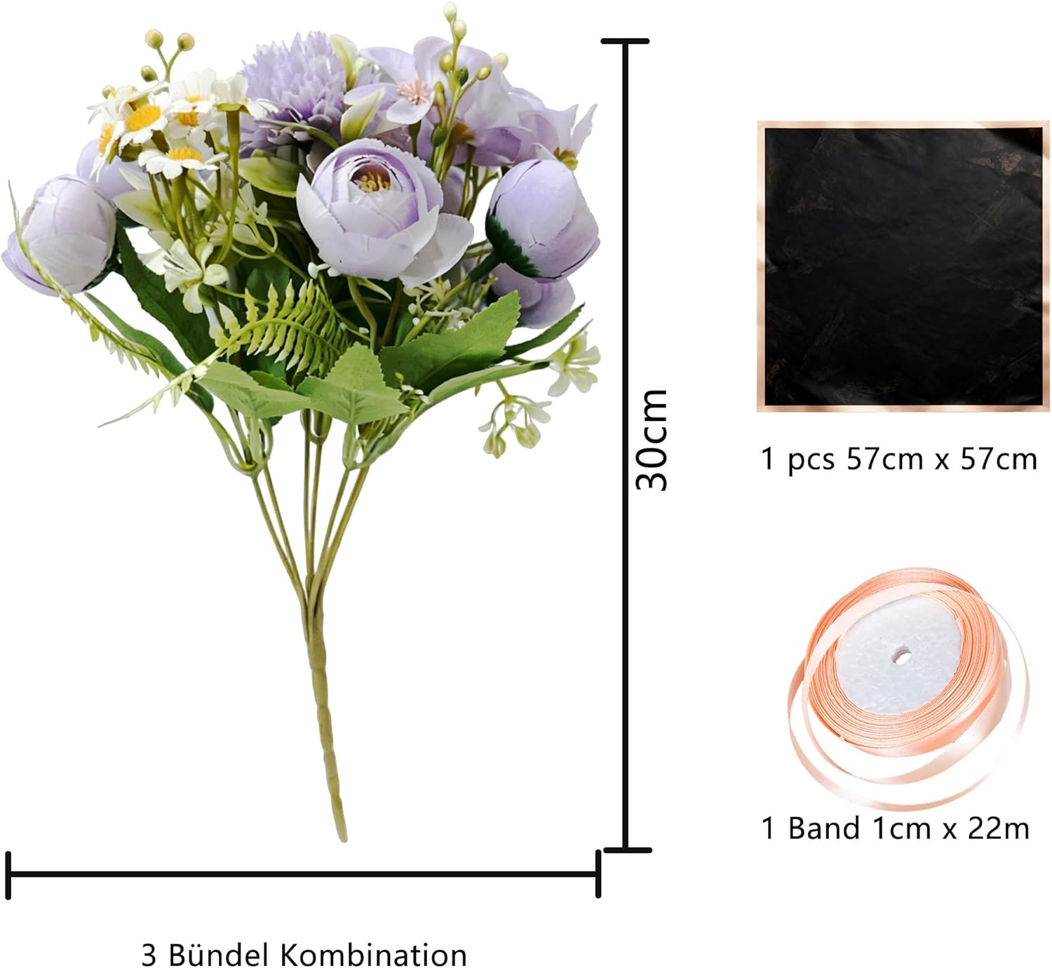 Detalle de BOBISHE Lila Rosenbouquet – künstliche Blumen Strauß 3 Bündel inkl. Geschenkpapier & 20 m Band