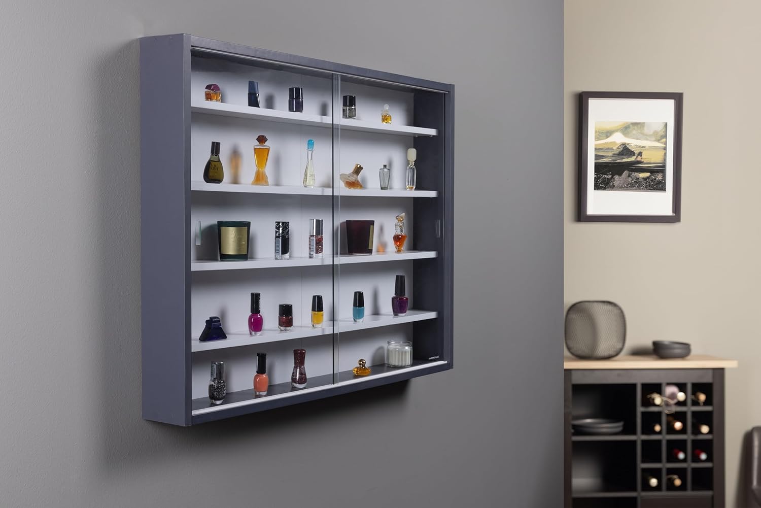 Detalle de Inter Link Espositore da parete per oggetti da collezione – Armadio con 4 ripiani e 5 scomparti in MDF Grigio/Bianco (80x60x9,5 cm) Collecty Grigio
