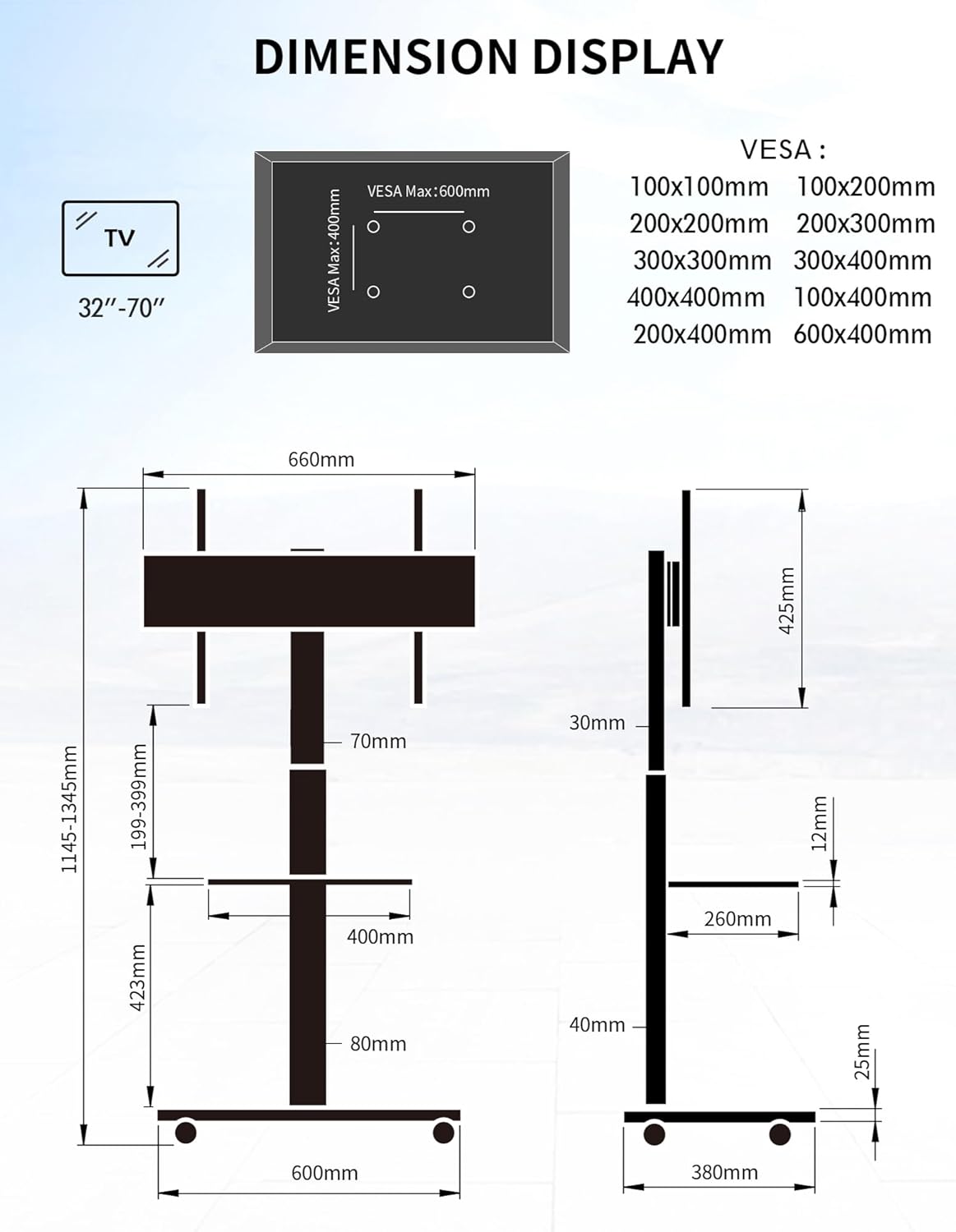 Thumbnail 3 de XTRARM Delphos Support TV Mobile sur roulettes avec socle en bois, 32 à 70 pouces, VESA jusqu’à 600x400