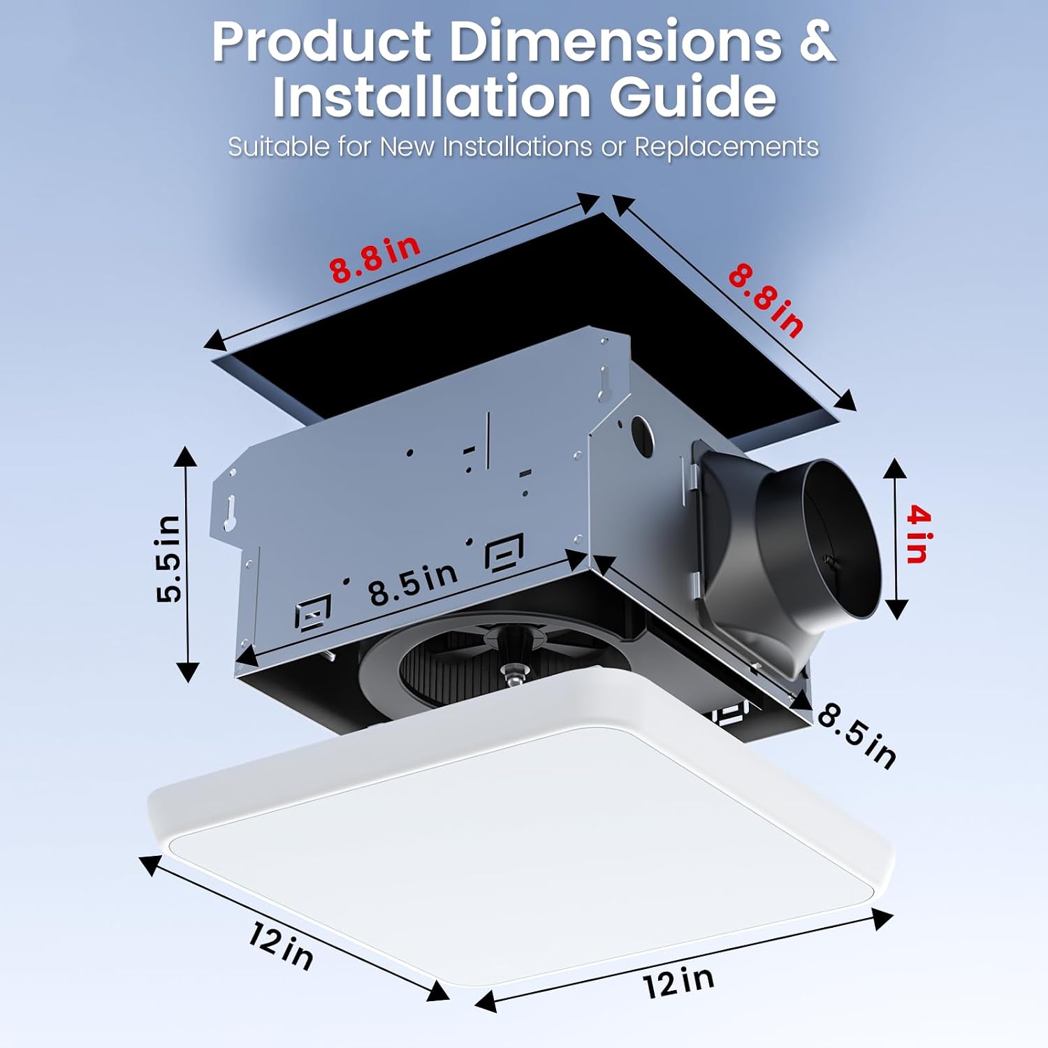 Detalle 2 de Fitop F0903-P03-8LW Bathroom Exhaust Fan with Light, 100 CFM, 3 CCT LED