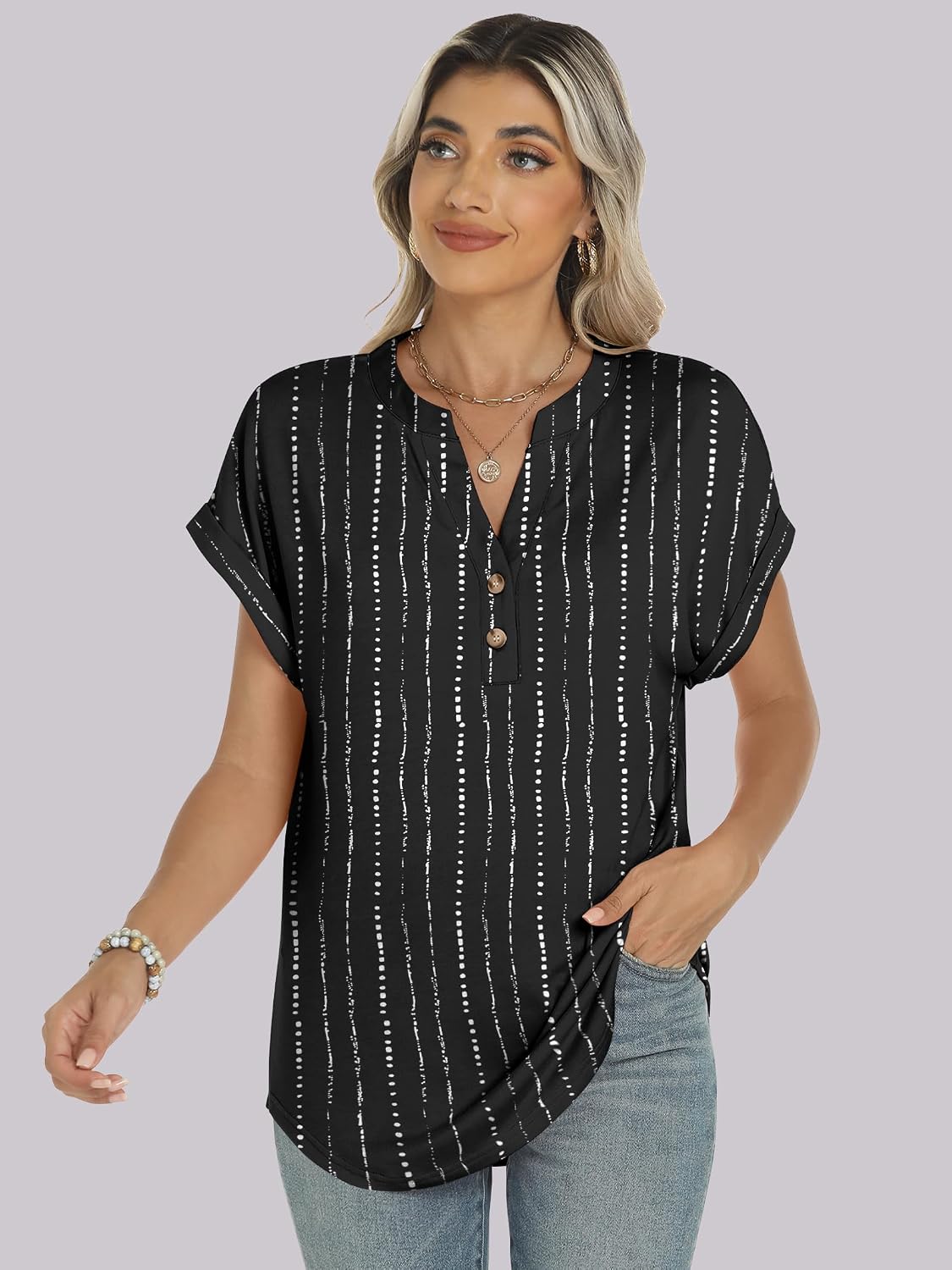 Detalle de ANRABESS Women's Short Sleeve Henley V-Neck Dressy Casual Blouses
