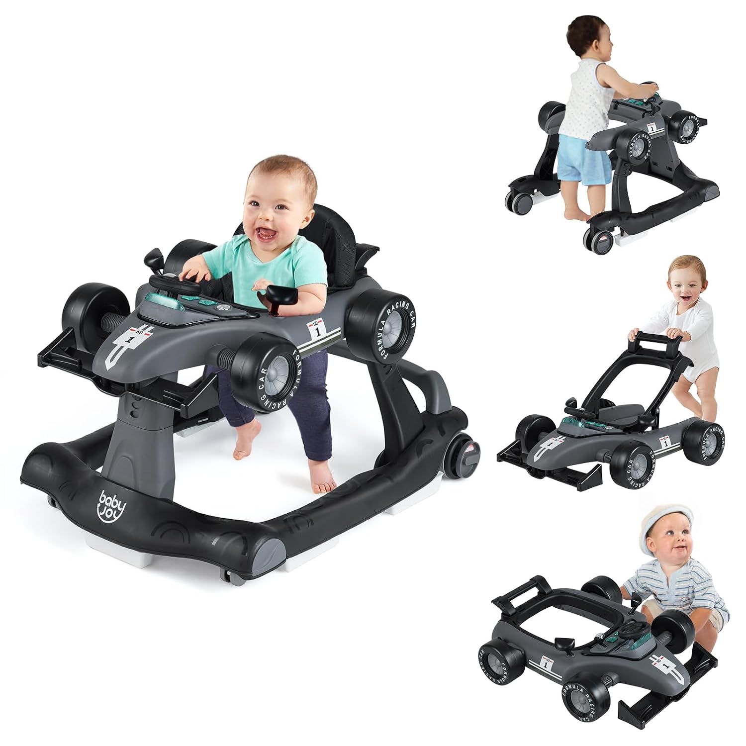 Detalle de COSTWAY 4-in-1 Lauflernhilfe (dunkelgrau) mit klappbarem Lauflernwagen, Musikbox, Licht & Rädern – für ca. ab 6 Monaten, bis 12 kg