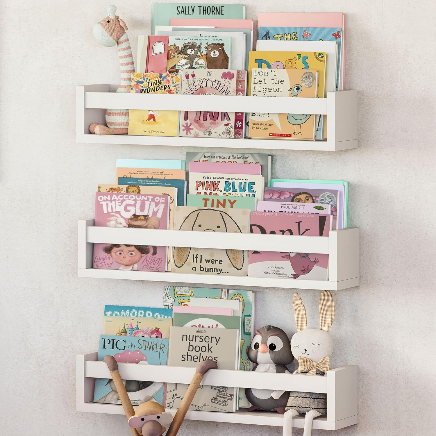 NATURE SUPPLIES Set: 3 weiße Wandregale aus Massivholz, 58 cm – Montessori Bücherregal für Kinderzimmer