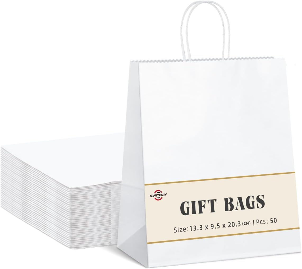Detalle de Switory 50 Papiertüten mit Henkel (13,3 x 9,5 x 20,3 cm) aus Kraftpapier – weiße Candy- und Geschenkbeutel