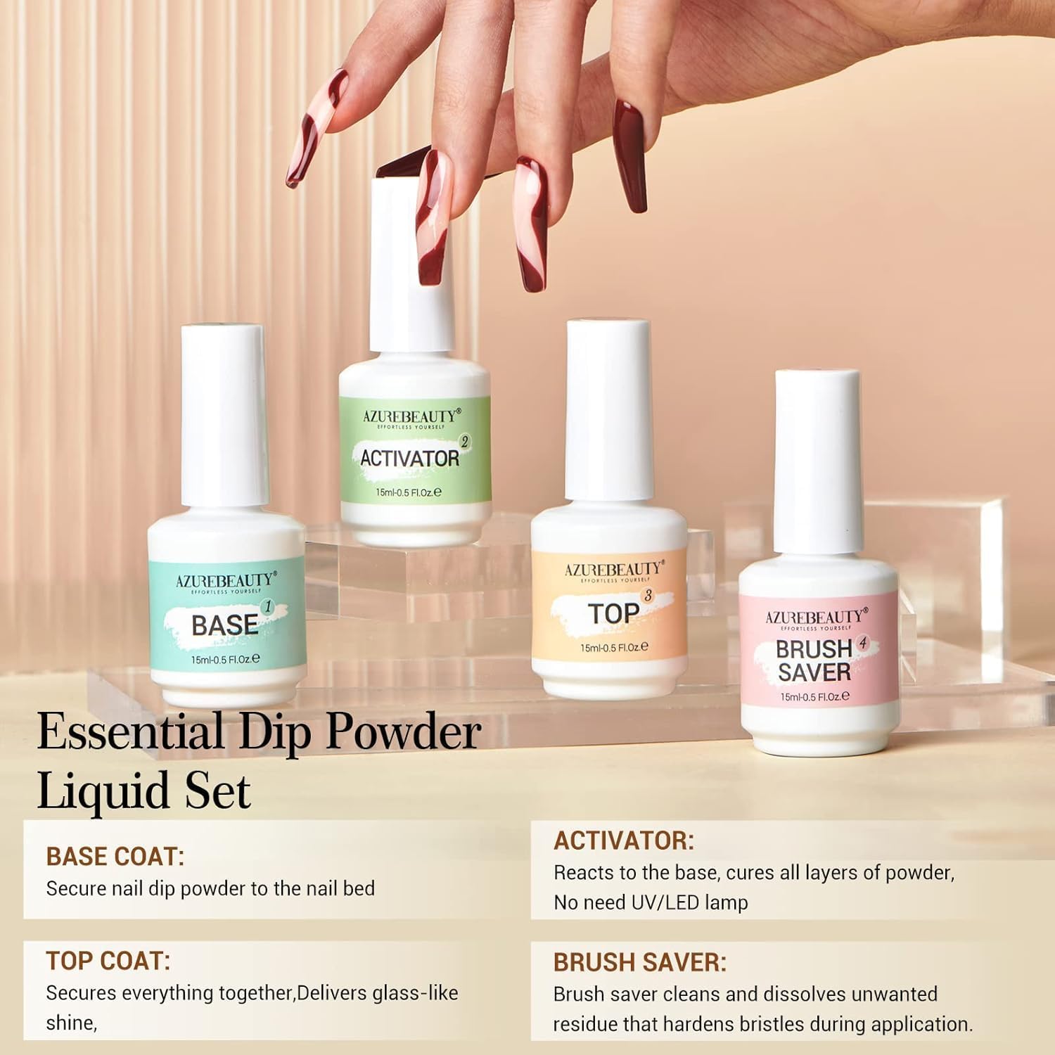 Thumbnail 3 de AZUREBEAUTY Dip Powder Liquid Set (Base, Top Coat, Activator) – 8-Piece Dip Nail Kit (No Lamp Needed)