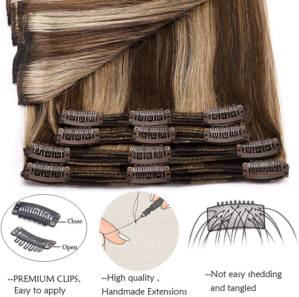 Detalle de SEGO Extension Clip Capelli Veri Marrone Mix 4P27 – 45 cm, 18 Clip, 8 Fasce Remy a Doppia Tessitura