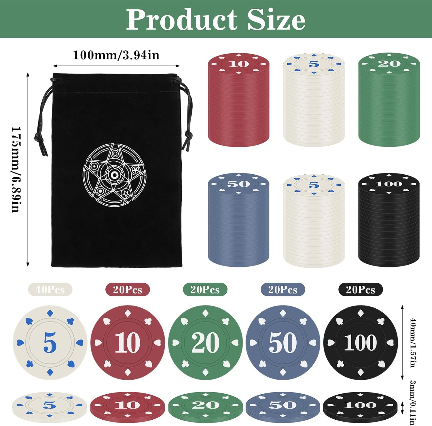 Detalle de Zocipro pokerchips, 120 marker i fem valörer med sammetspåse